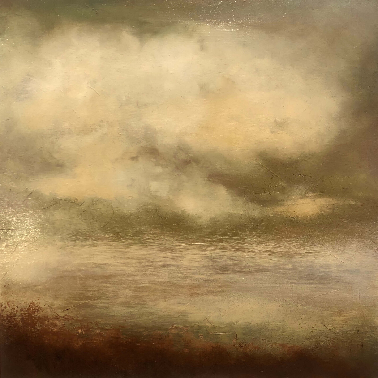 Oil painting by Jane Mishkind of a yellow cloudy sky