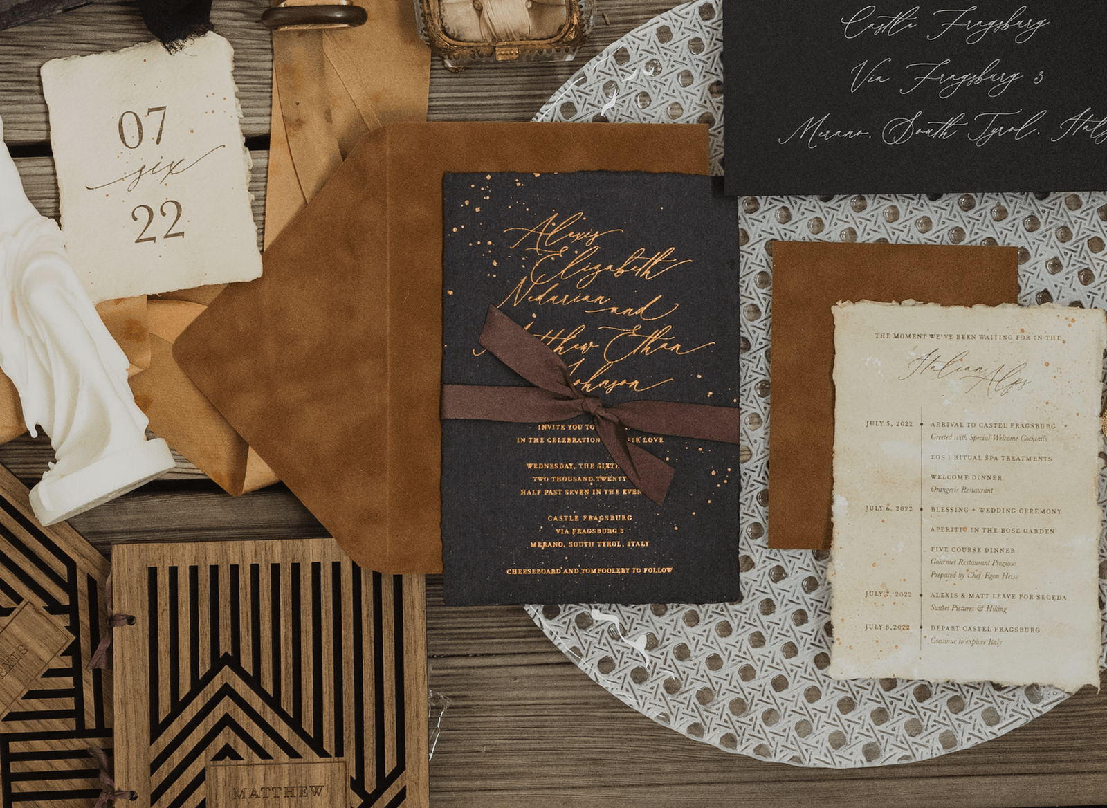 Custom copper foil and black wedding stationery suite suite