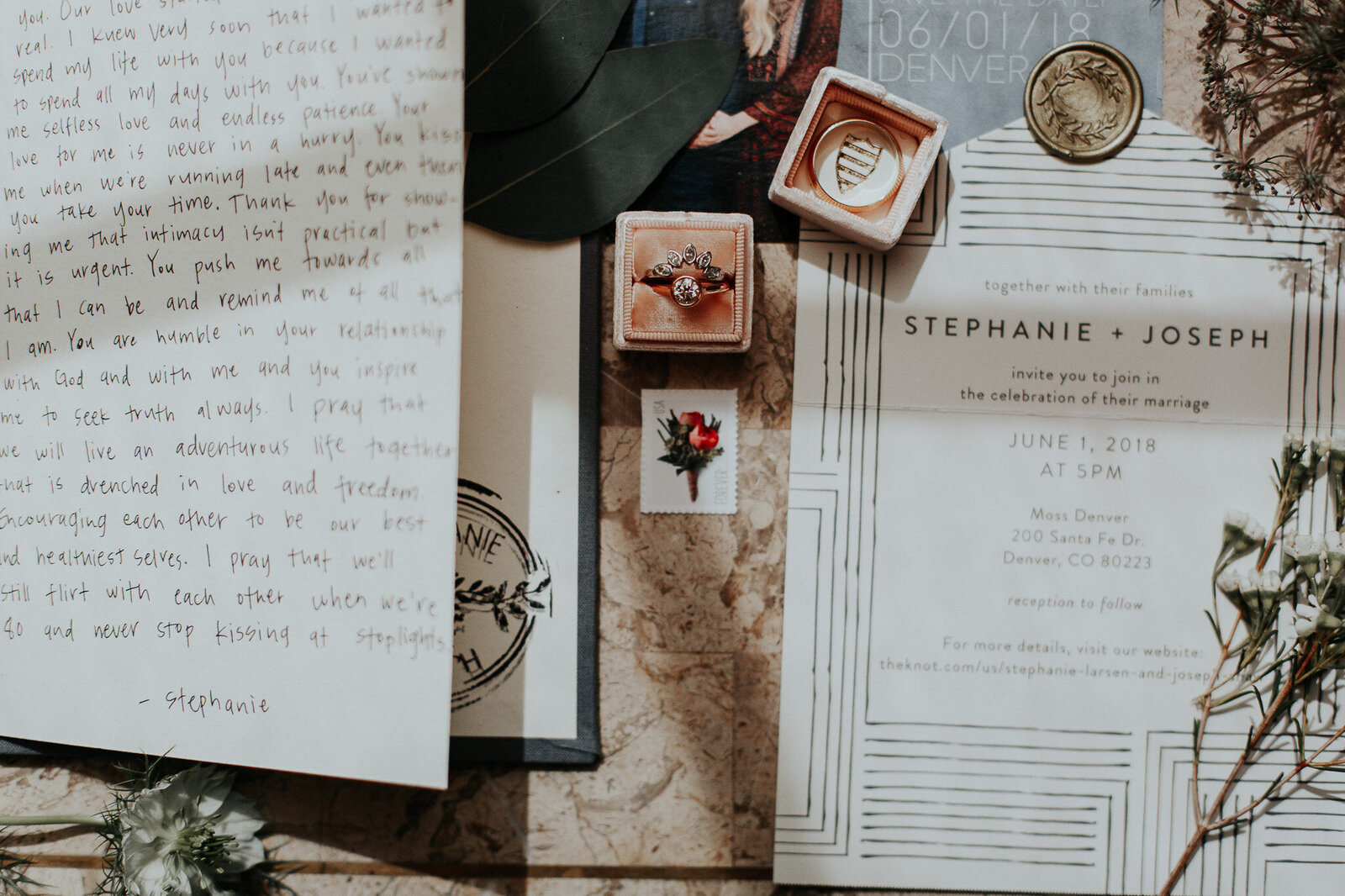 perfect shot of wedding vows, rings, and program