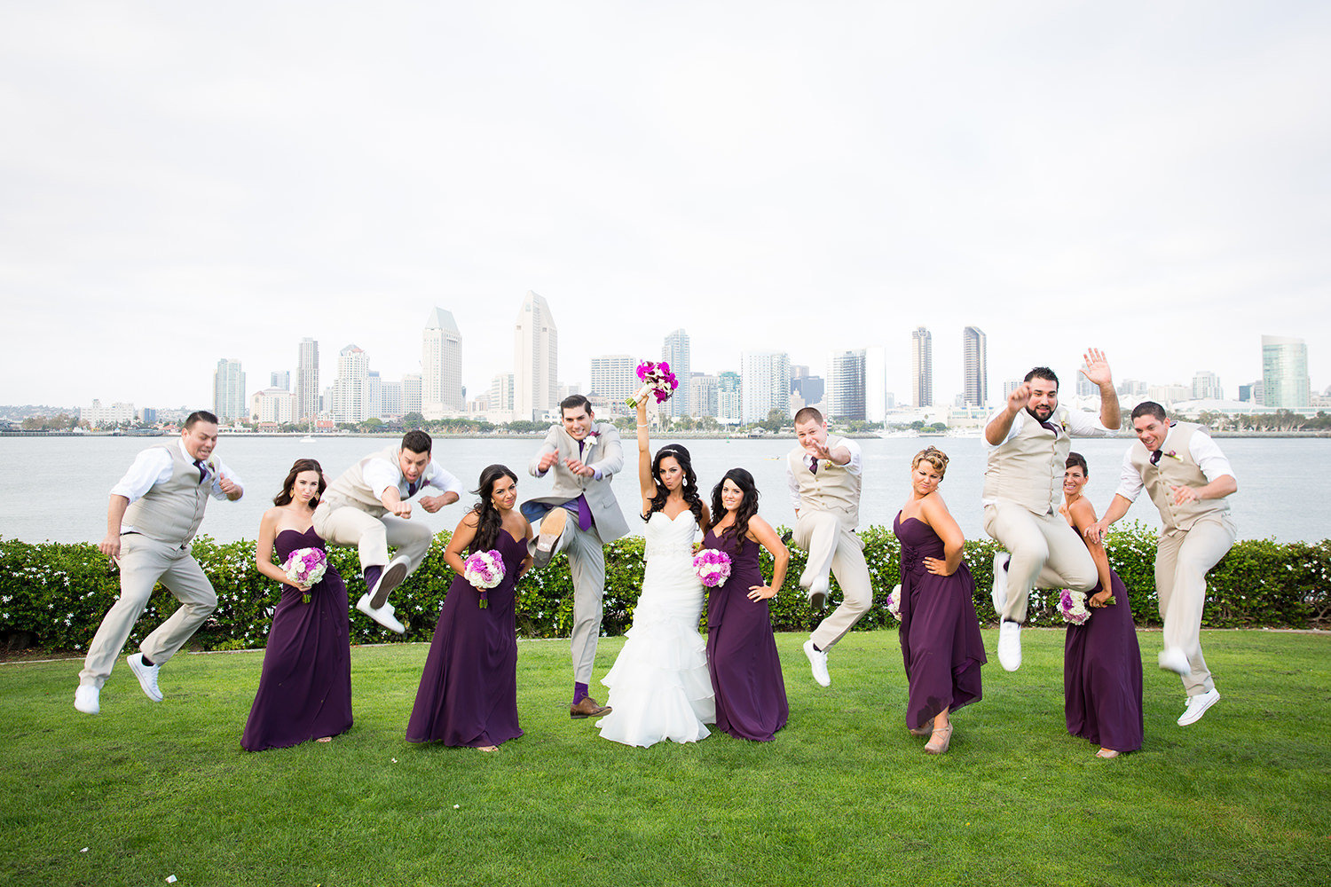 full bridal party with san diego skyline