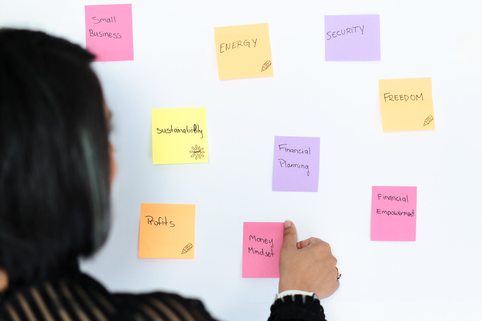 detail shot of a business coaching playing with post-it written money mindset