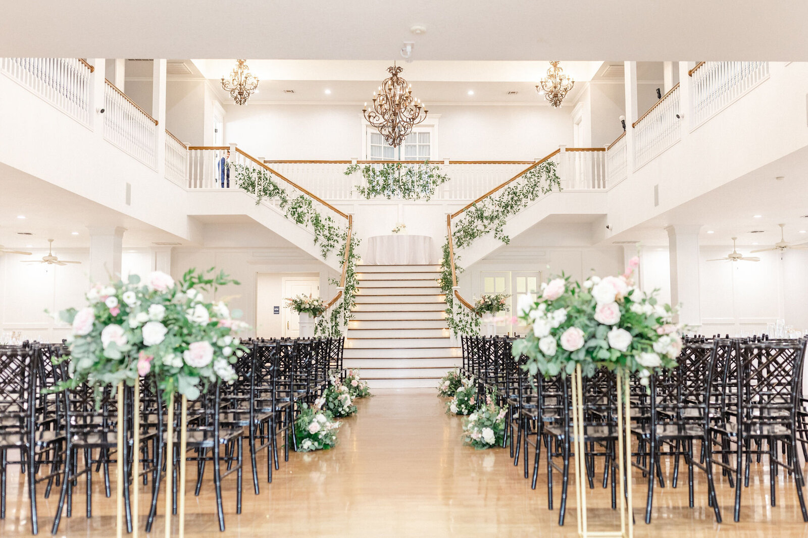 The Kendall Point Grand Ballroom set up for an indoor wedding ceremony.