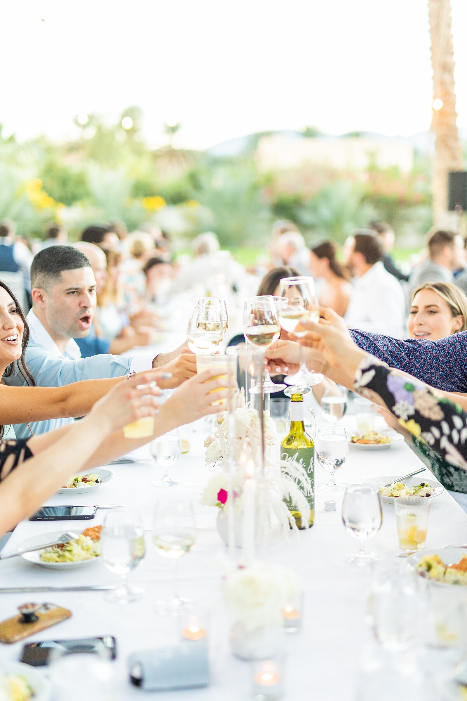Wedding guests clinking drinks at reception in Coachella.