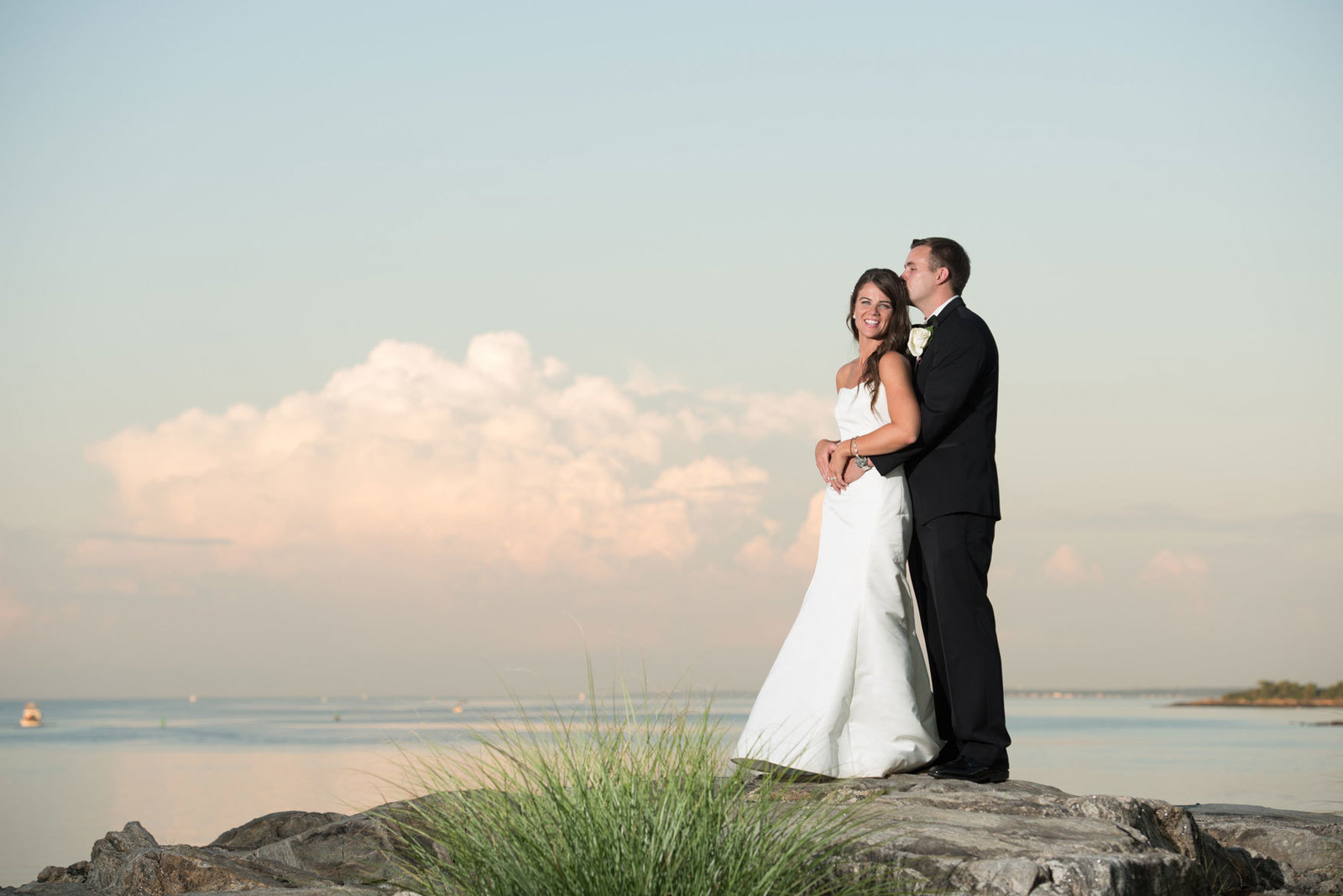 bride and groom outside Glen Island Harbor Club