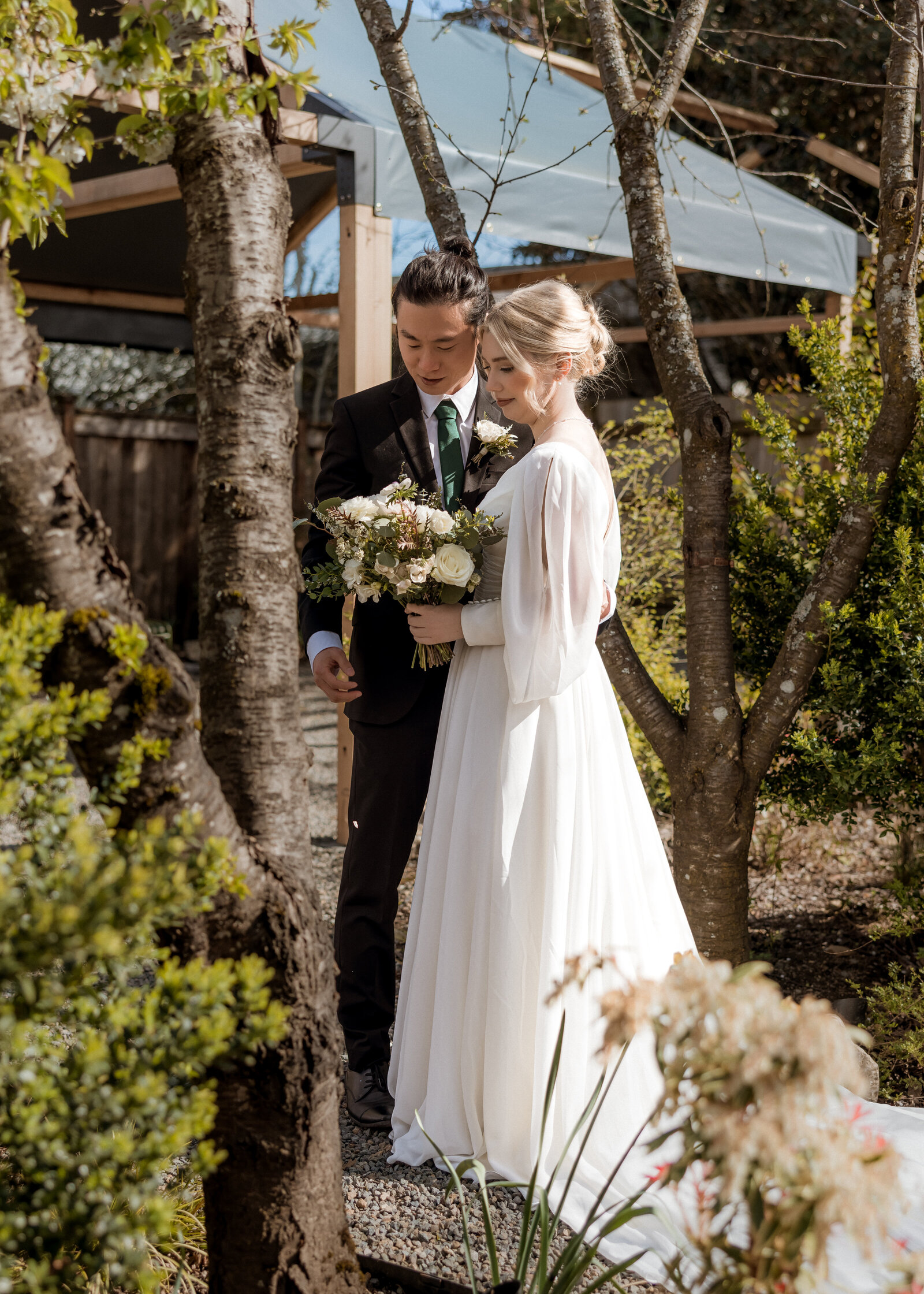 Bride and Groom getting ready for their intimate wedding at Mildred Hall in Portland Oregon