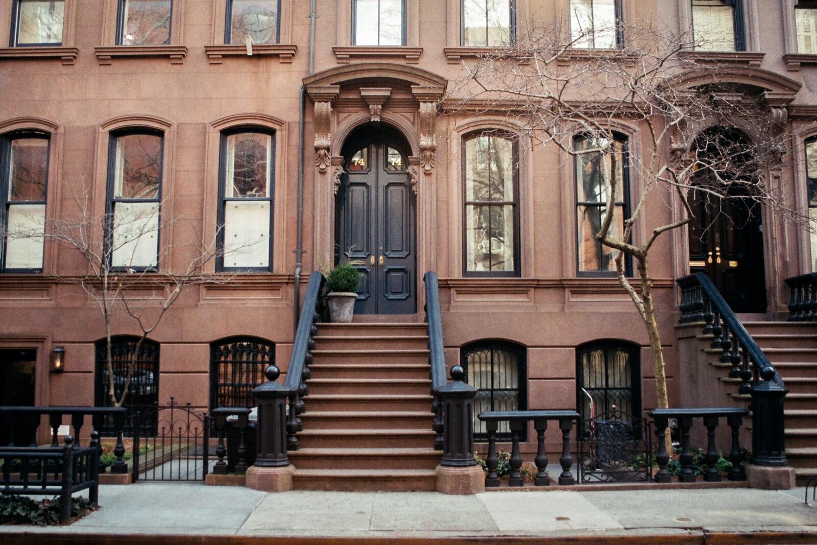 Historic brownstone houses in NYC with classic architectural details.