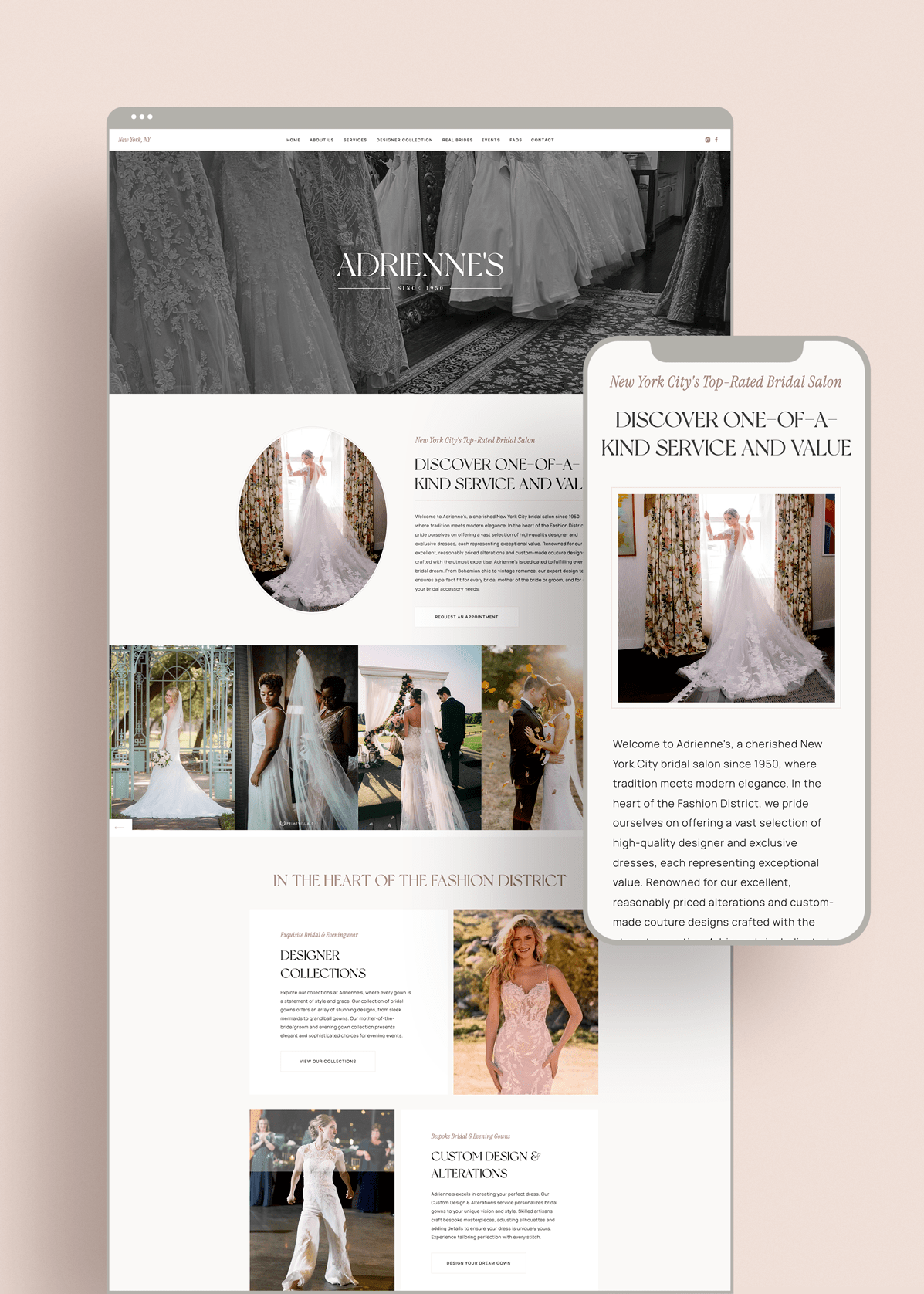 A desktop and mobile mockup of Adrienne’s website, highlighting elegant typography, wedding gown photography, and a modern boutique design.
