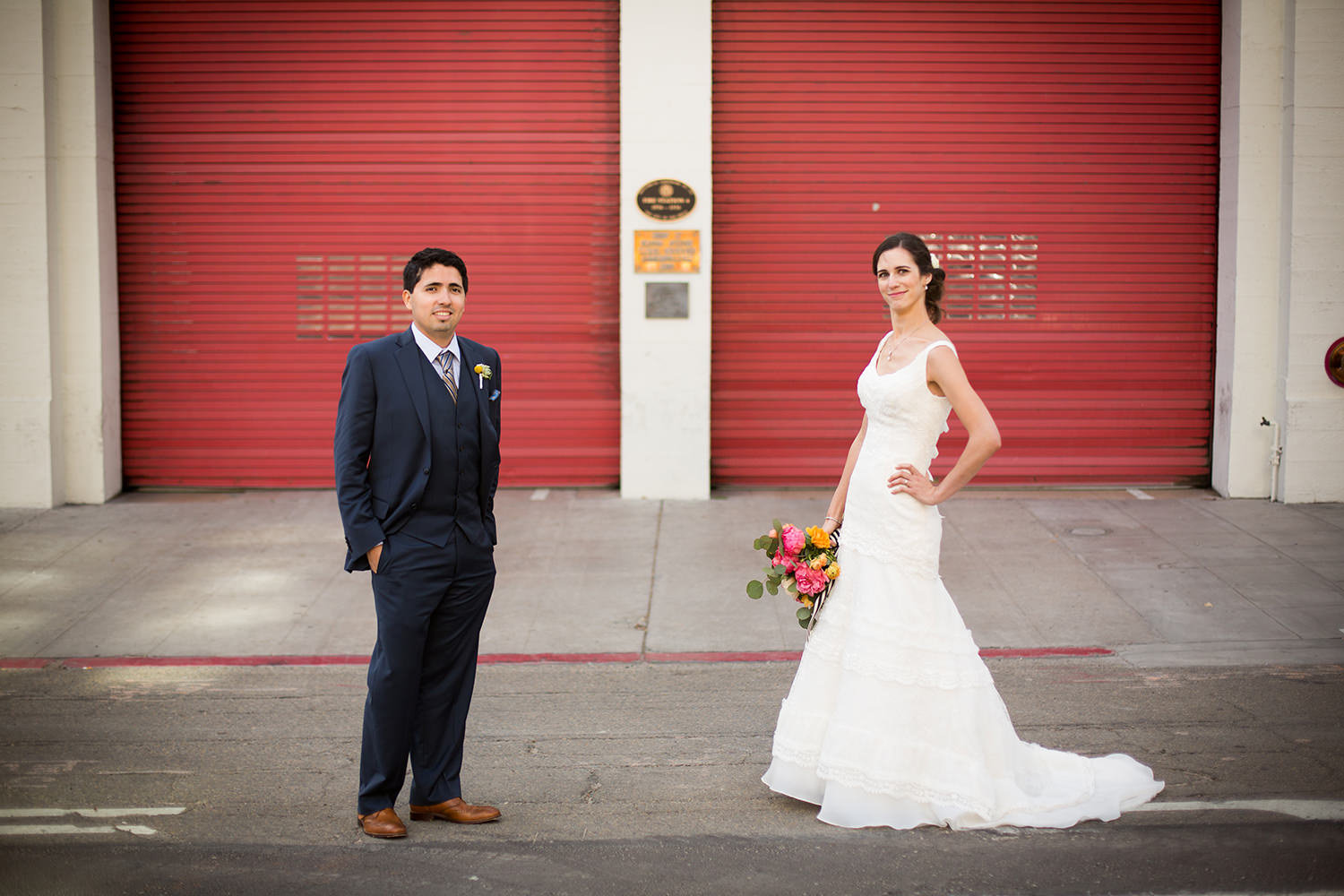 bride and groom in the gaslamp for their luce loft wedding
