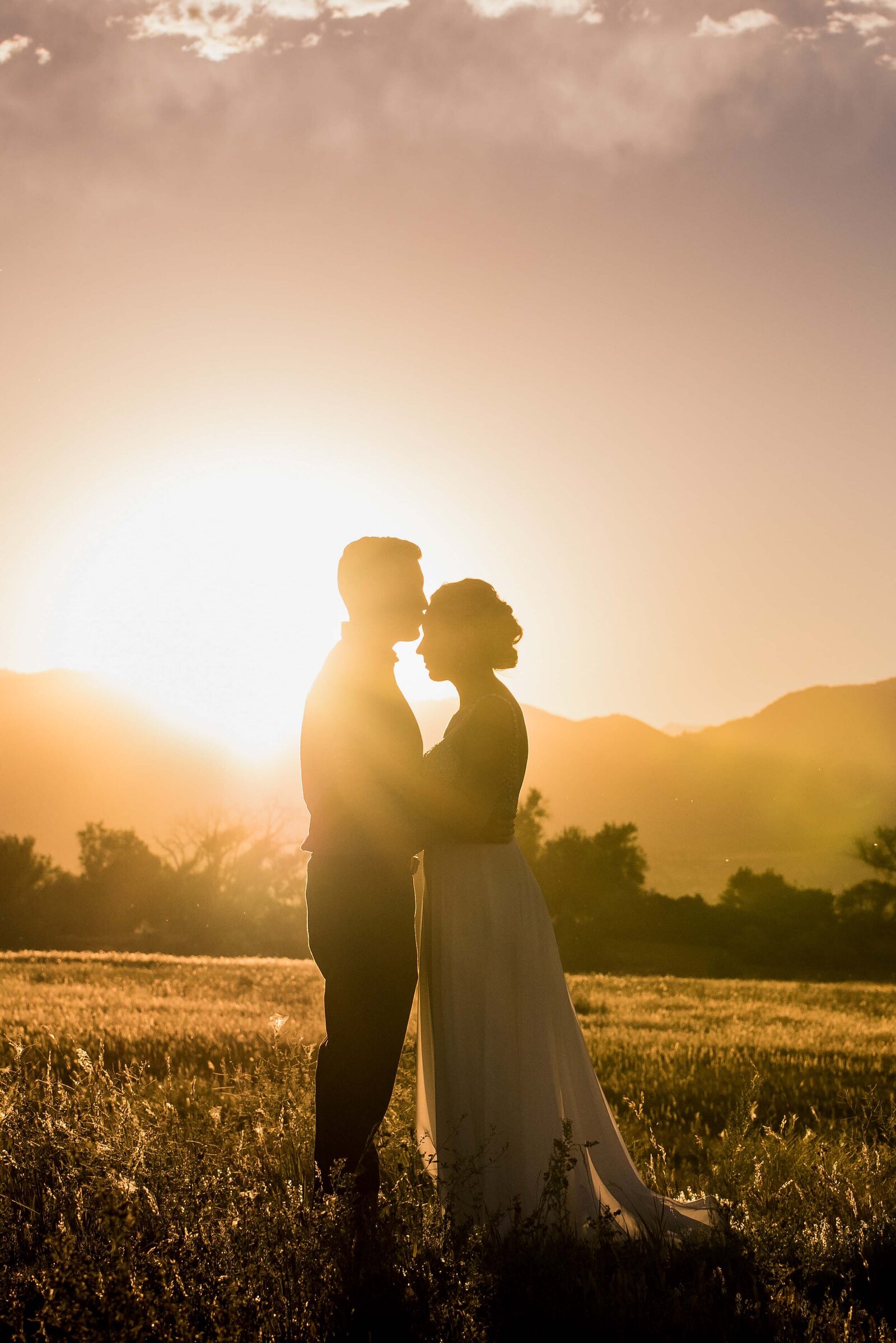 A bride and groom stand in a field at golden hour  and the groom kisses the bride on the forehead.