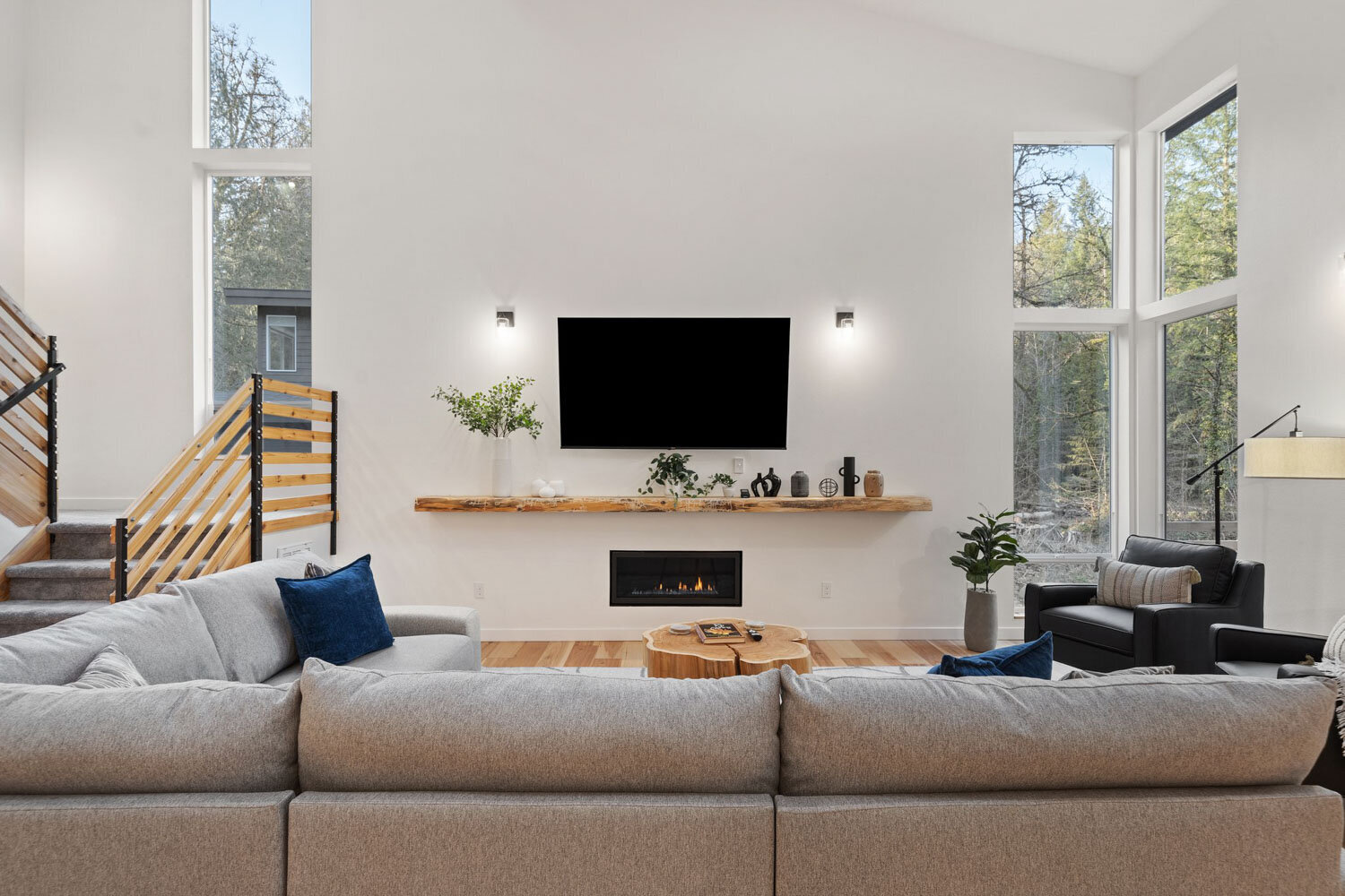 Comfy living area with TV and sofas