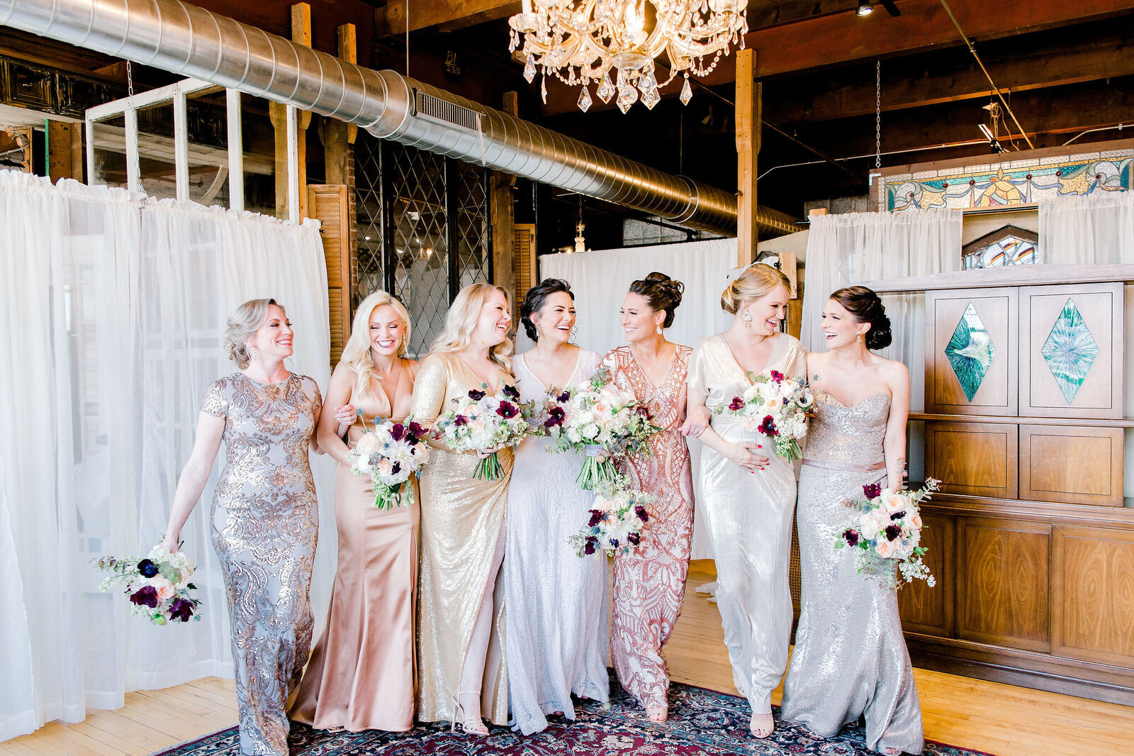 bridesmaids and bride, salvage one wedding, light and airy chicago wedding pictures,