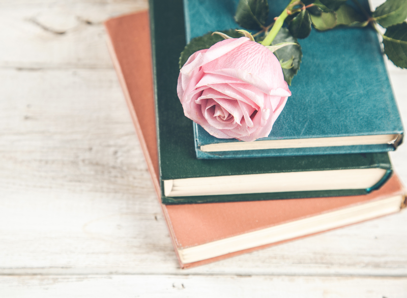 stack of books with a simple rose on top