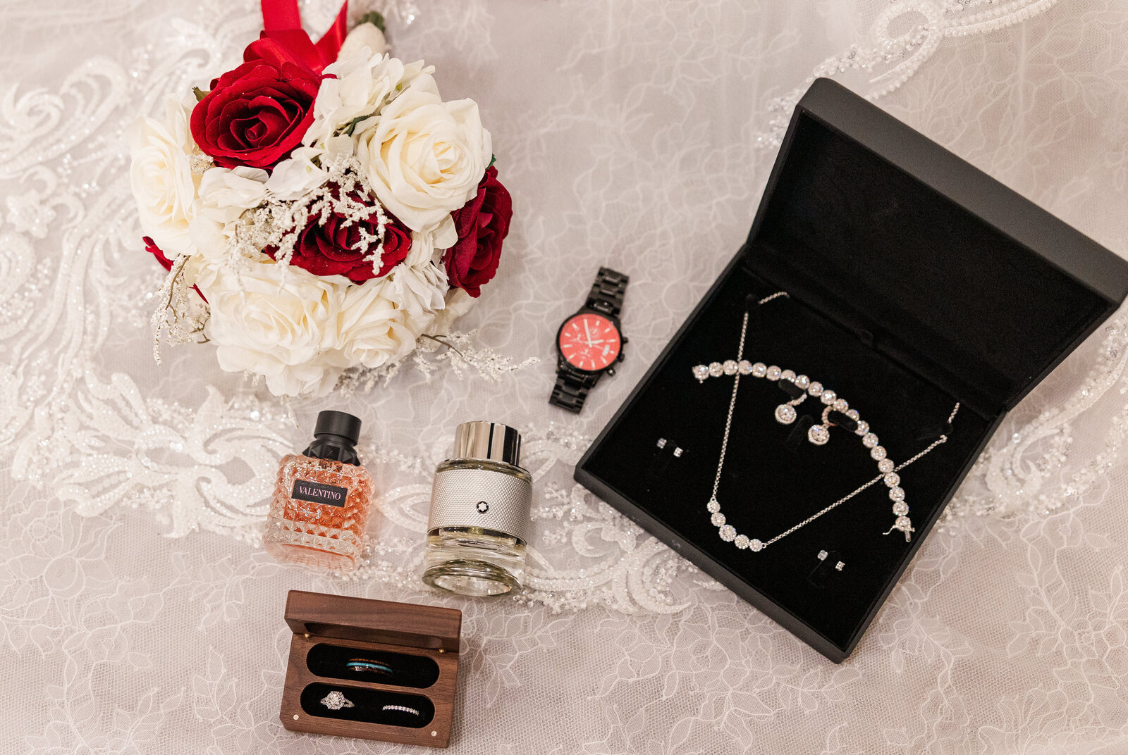 Bride's wedding accessories flat lay photography