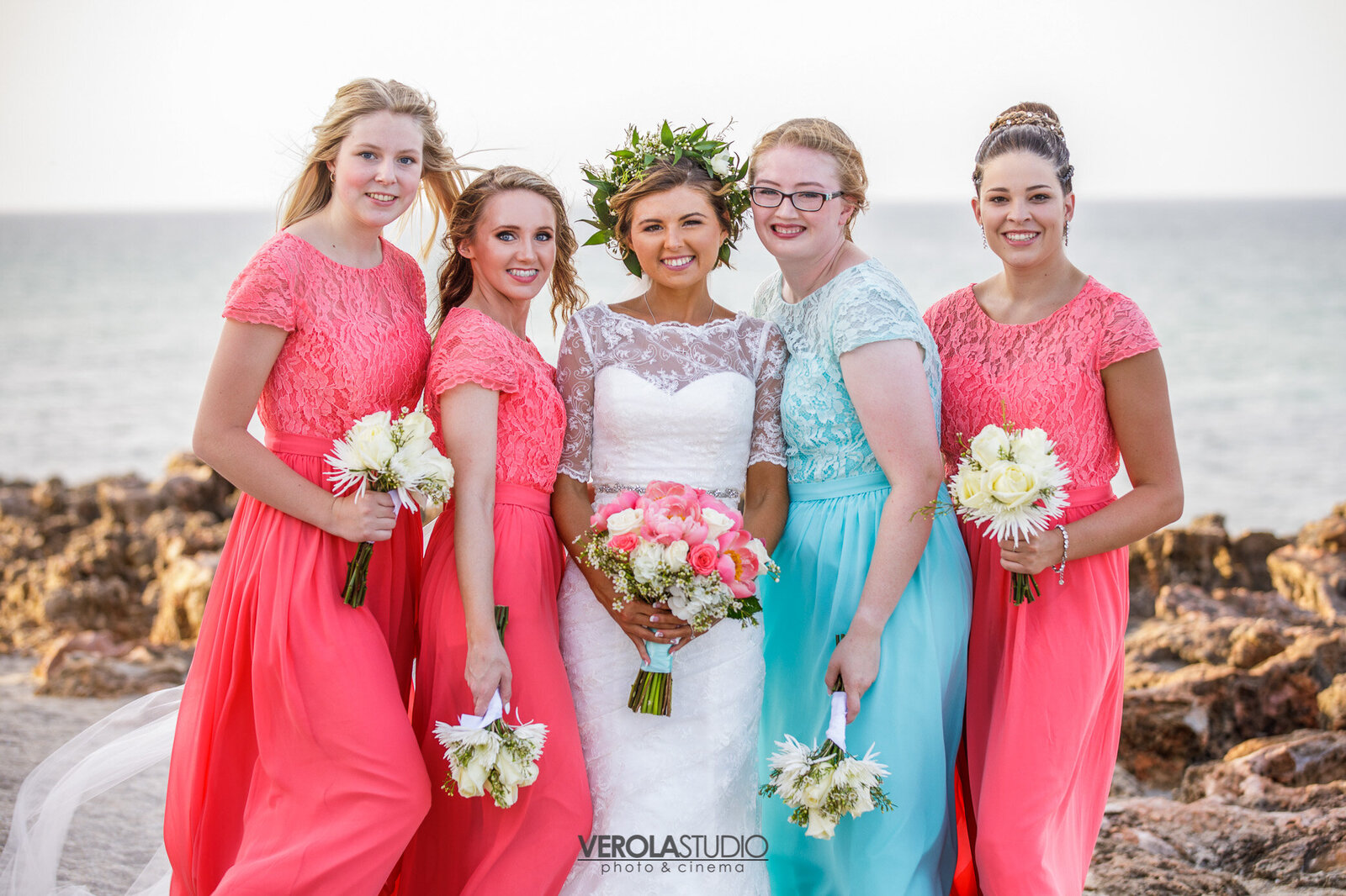Dreamday Destinations-teal and coral wedding-bridesmaids on beach