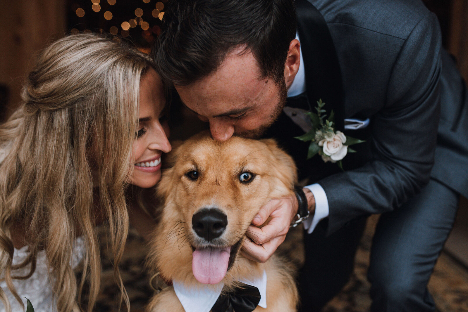 A bride and groom snuggle with their dog, who is wearing a tuxedo dog collar