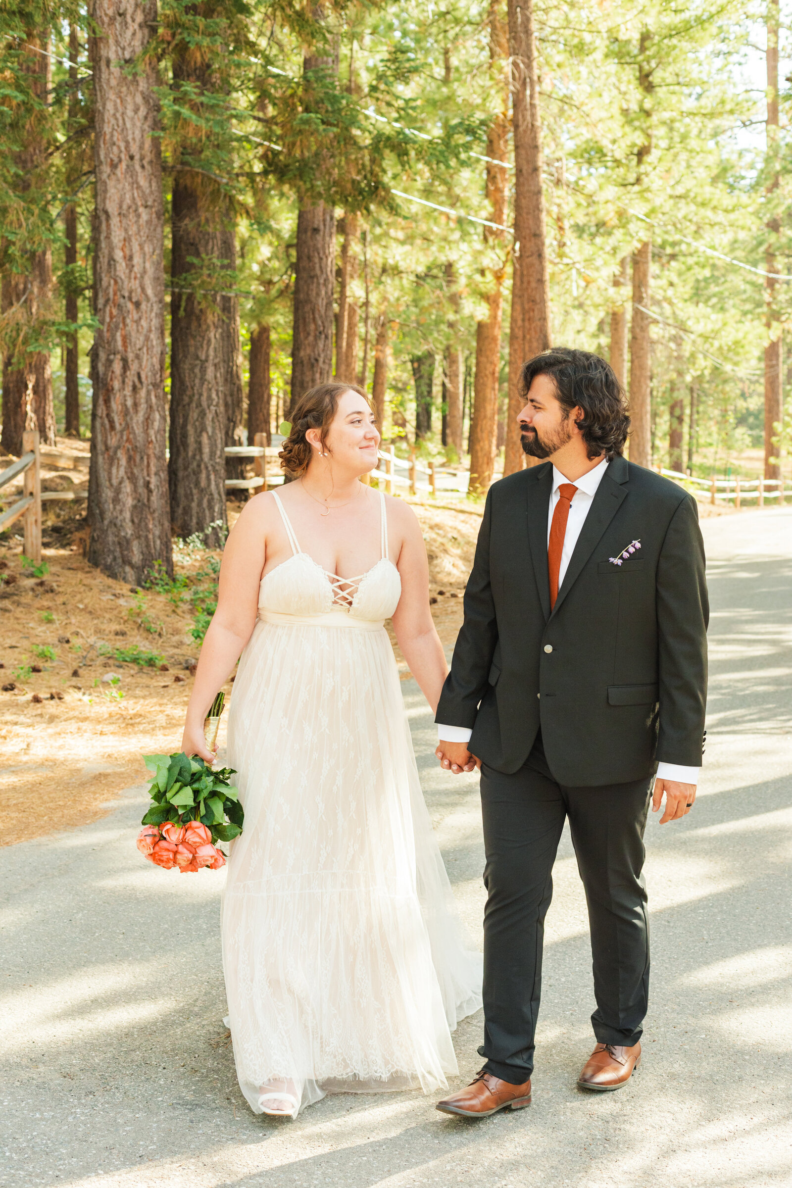 A couple celebrates their intimate elopement at a cabin at Big Bear Lake, California.