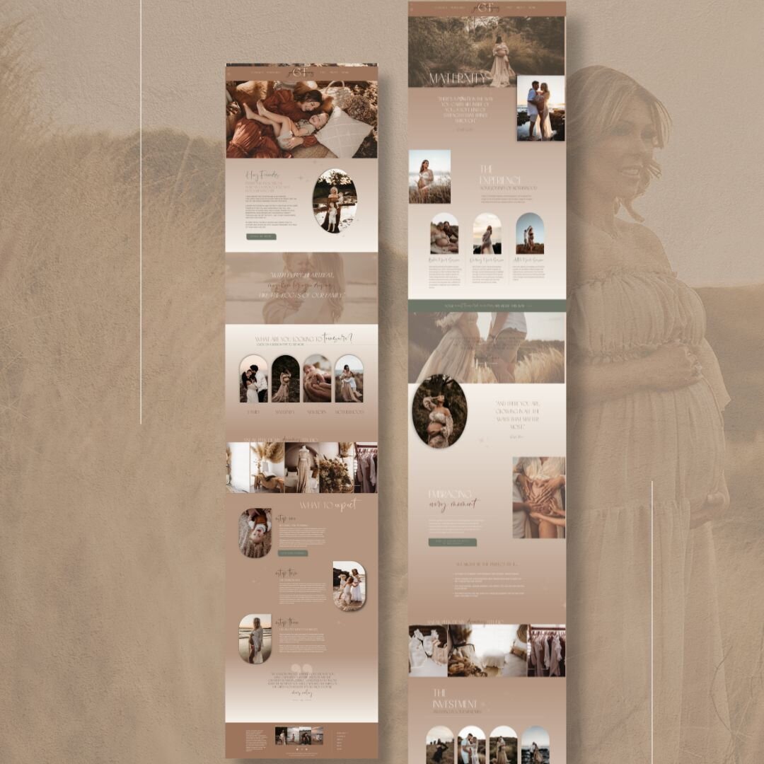 Two vertical, Full page website pages, showcase families, couples, and maternity images—perfect for a creative business strategist or marketing expert for creatives seeking elegant portfolio materials.