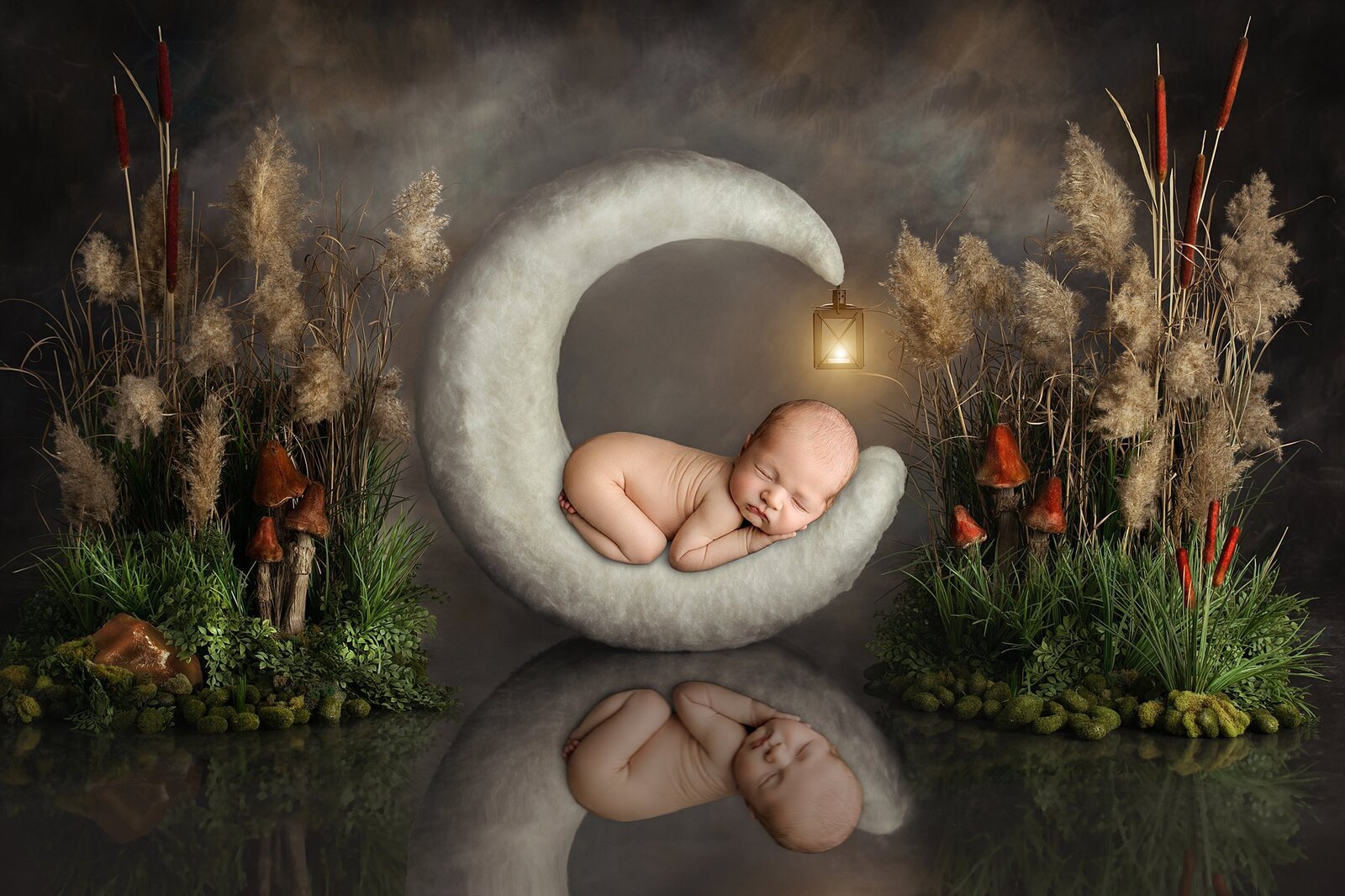 Newborn boy posed on a moon, floating on a pond from Le Claire Iowa