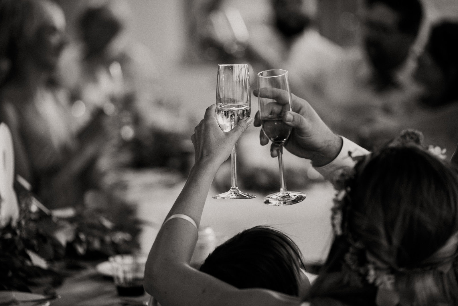 elegant champagne glasses cheers in professional black and white photo