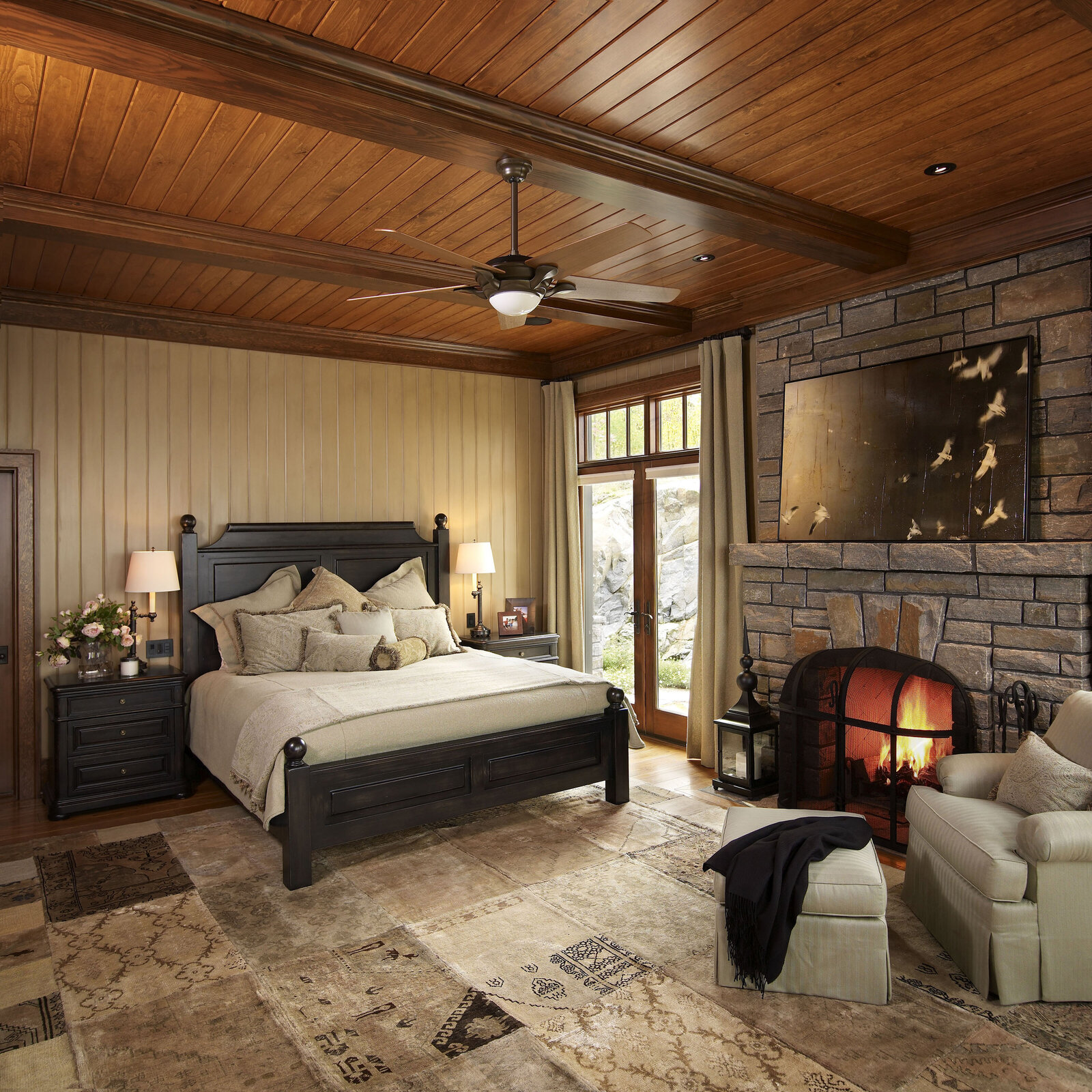 007-Lake Rosseau-Bedroom-Stone Fireplace-Wood Ceiling
