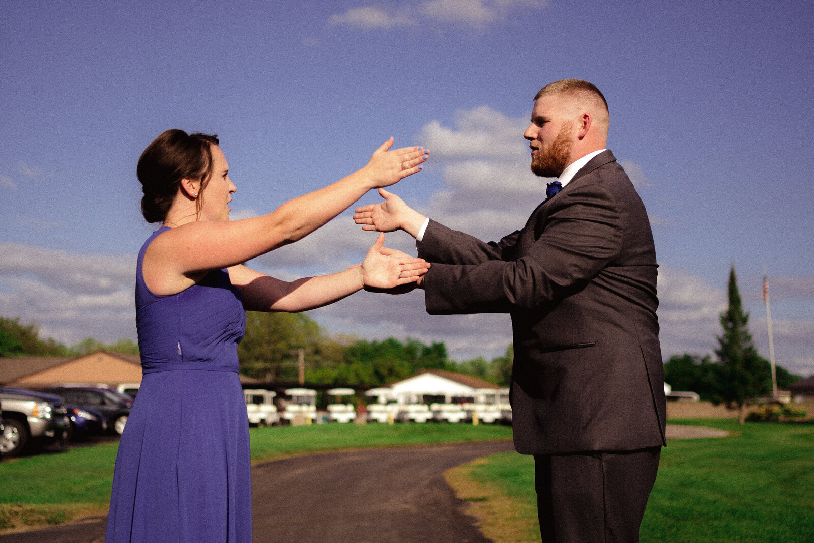 blue vera wang dress bridesmaid helps groom learn the dance for grand march