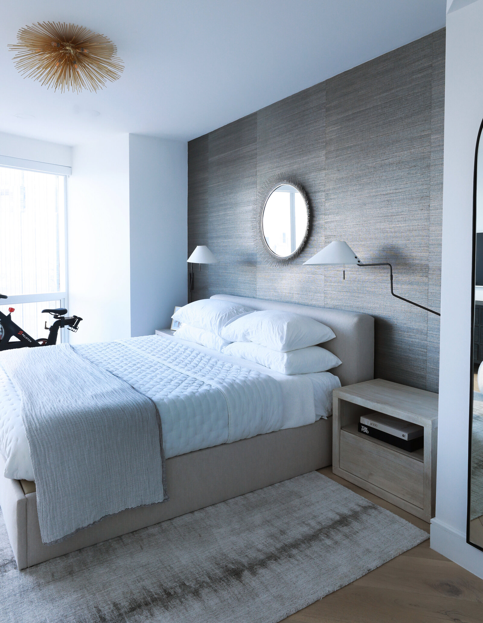 LUXE MODERN PRIMARY BEDROOM WITH GRASCLOTH AND UPHOLSTERED BED
