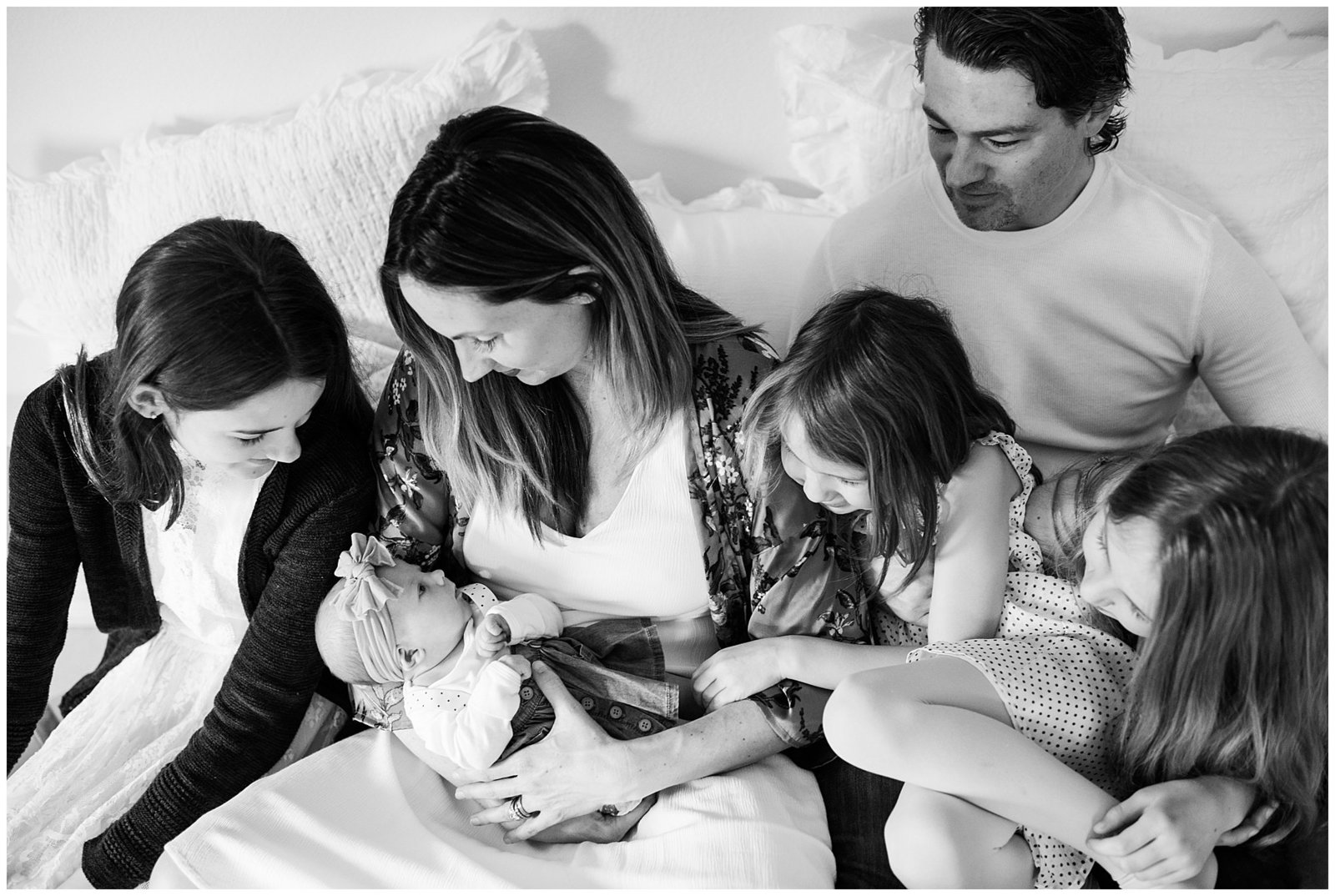 black and white image of family of six newborn lifestyle photo session Emily Ann Photography Seattle Photographer