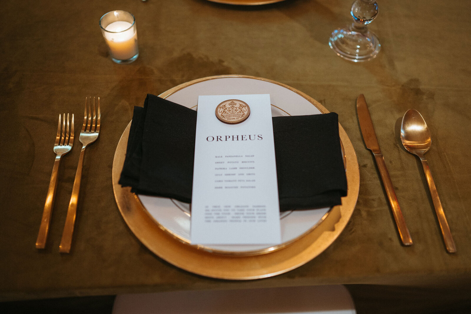 menu design sitting on tableware at wedding reception