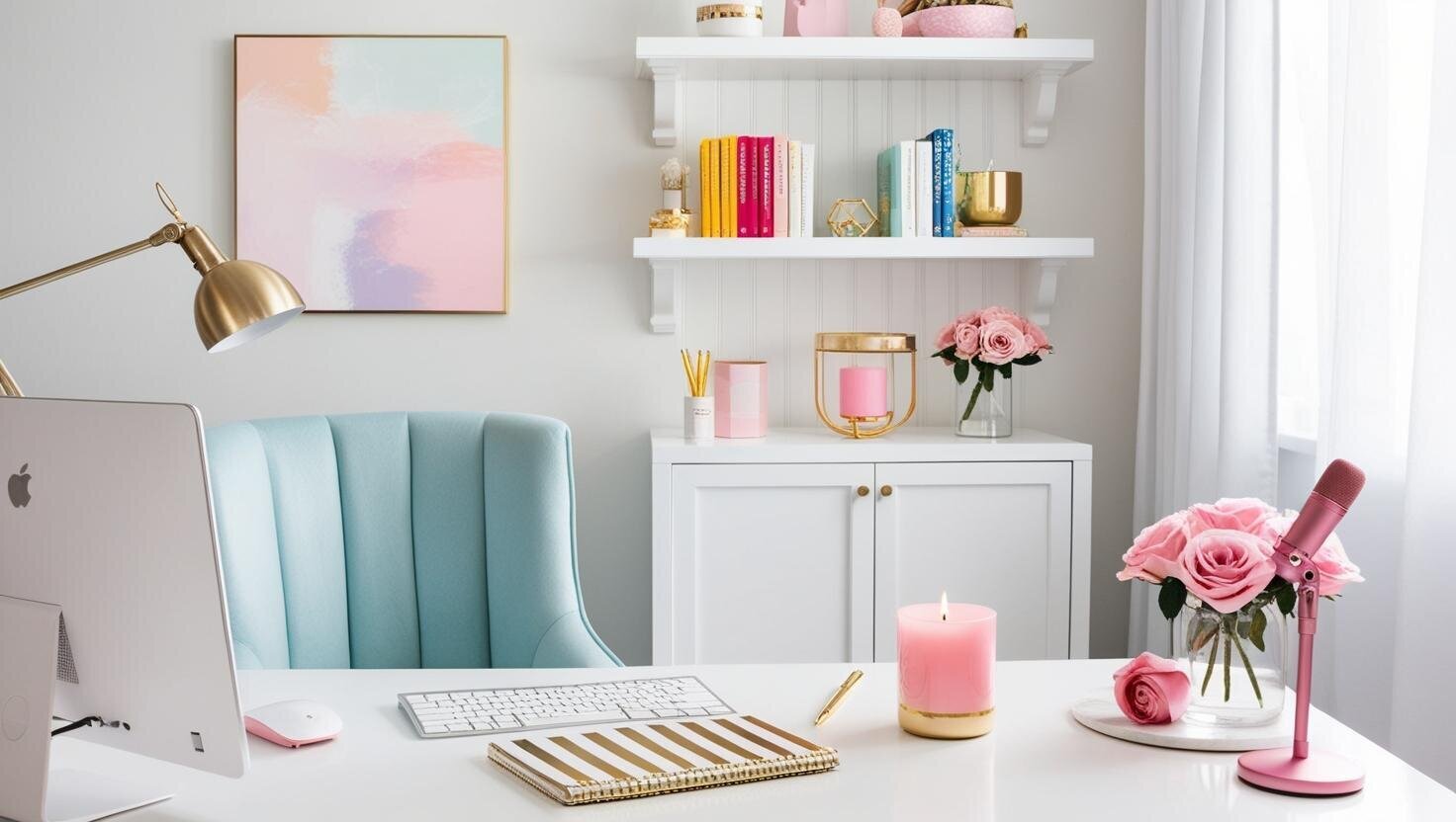 computer Flatlay with white desk. Windows.1 gold pen. white gold striped notebook. pink candle. cozy light  blue chair. abstract pastel art with white shelves in background with colorful books and accessories. gold and white lamp.small (12)