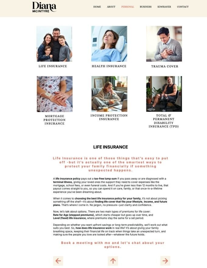 Detailed view of Diana McIntyre’s life insurance offerings on her website — designed to support clear communication to prospective clients.