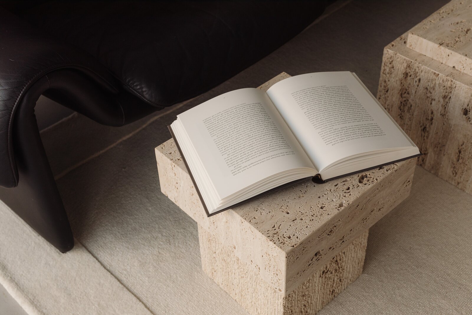 Warm minimalist living room, leather sofa, travertine