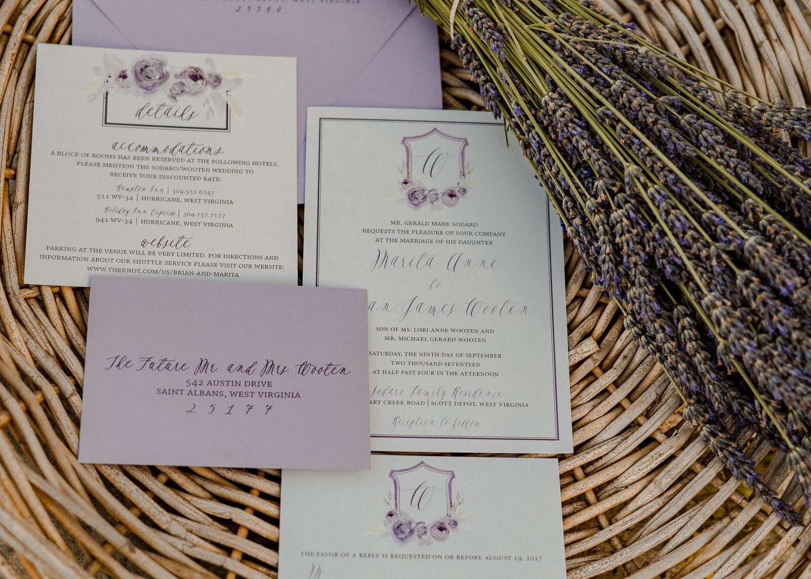 wedding flatlay with lavedar