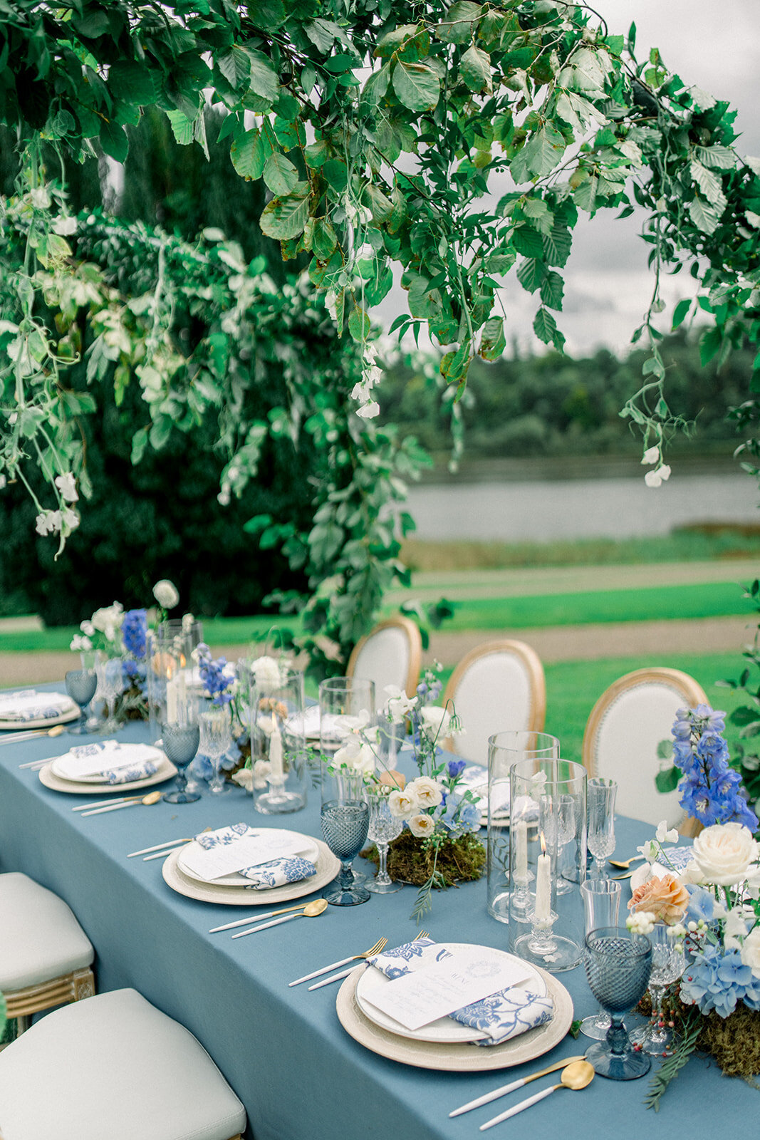 Exquisite Floral Centerpieces on Reception Tables at Castle Leslie, Ireland