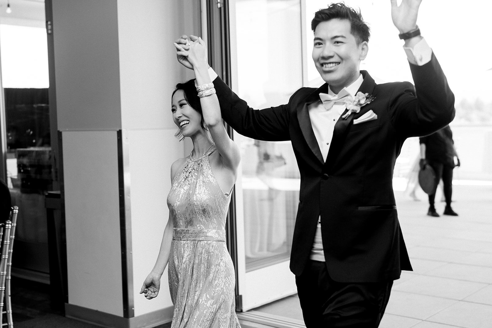 The bride and groom enjoy a joyful dance, celebrating their wedding reception at the elegant Filoli venue in Woodside, California.