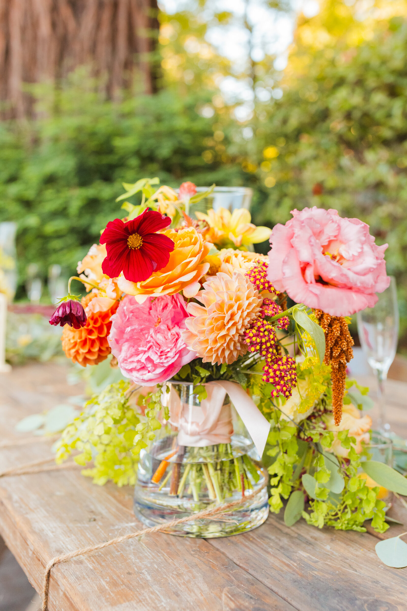 Colorful wedding flowers in Santa Cruz, California in the redwood trees.