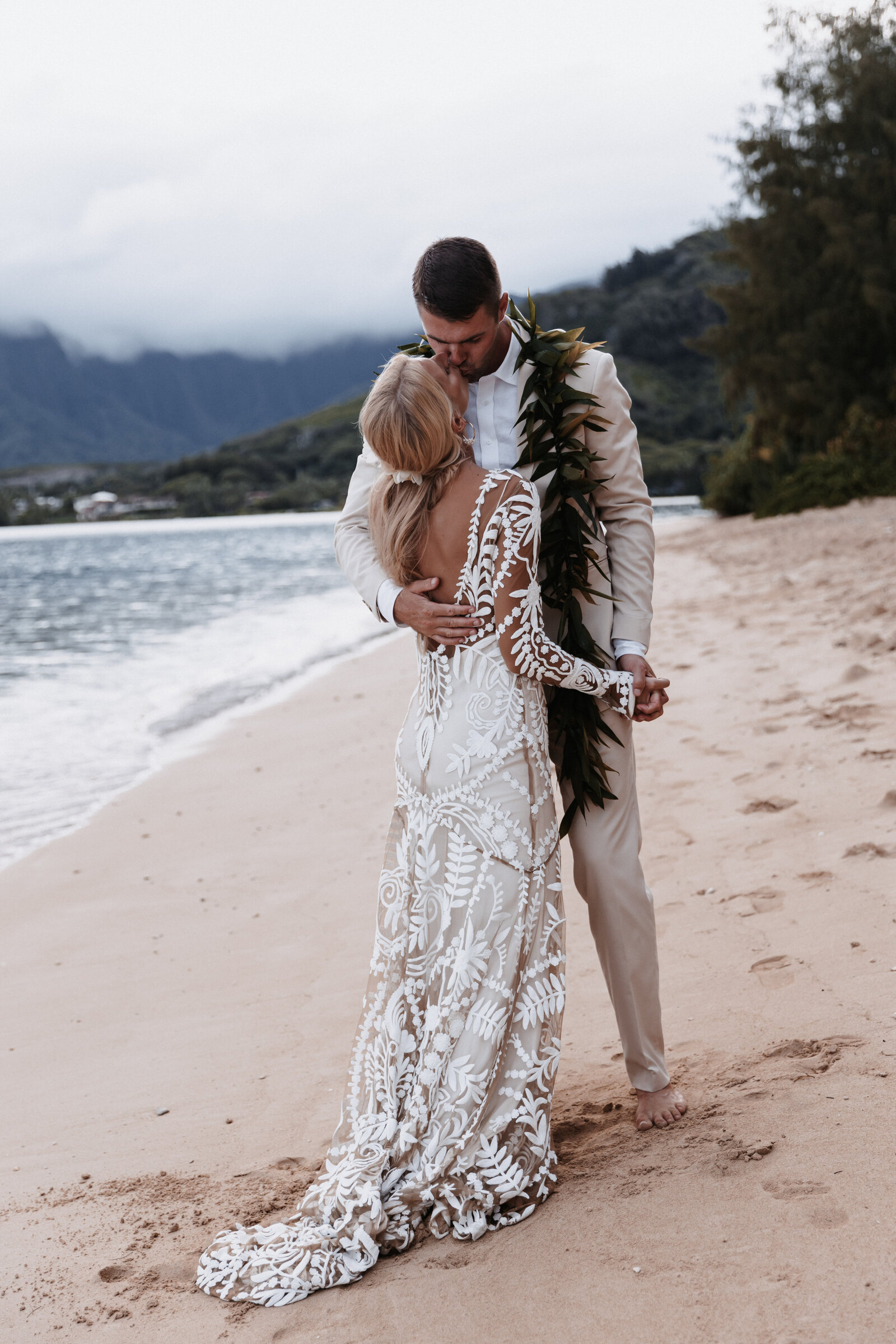 Wedding and Elopement Photographer, Kualoa Ranch Paliku Gardens wedding couple on the beach