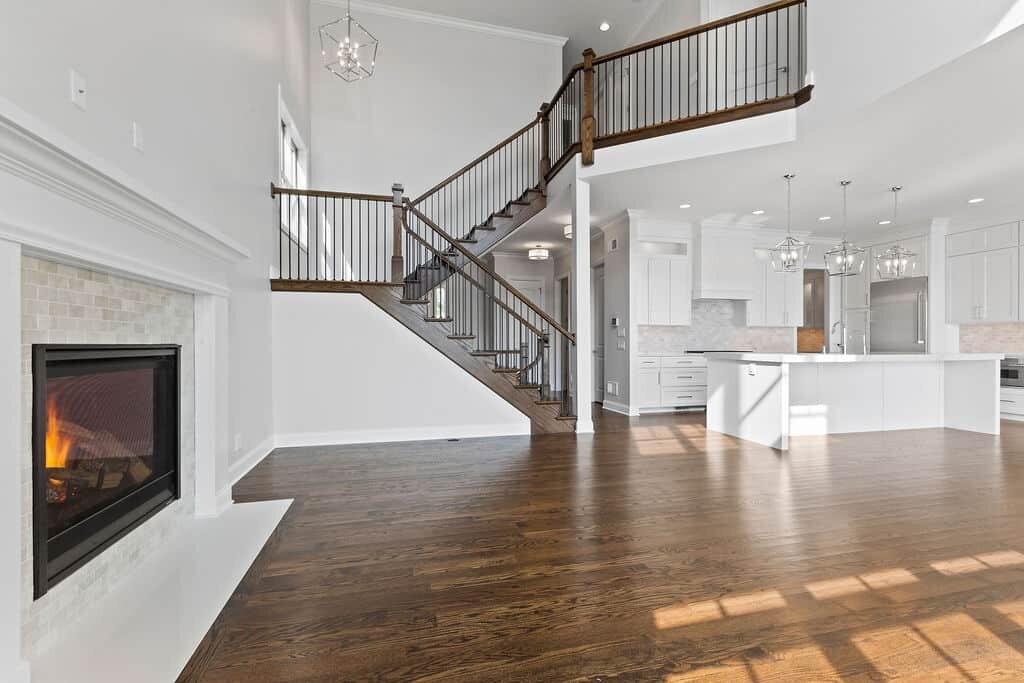 chicago real estate photographer living room with fire place and staircase