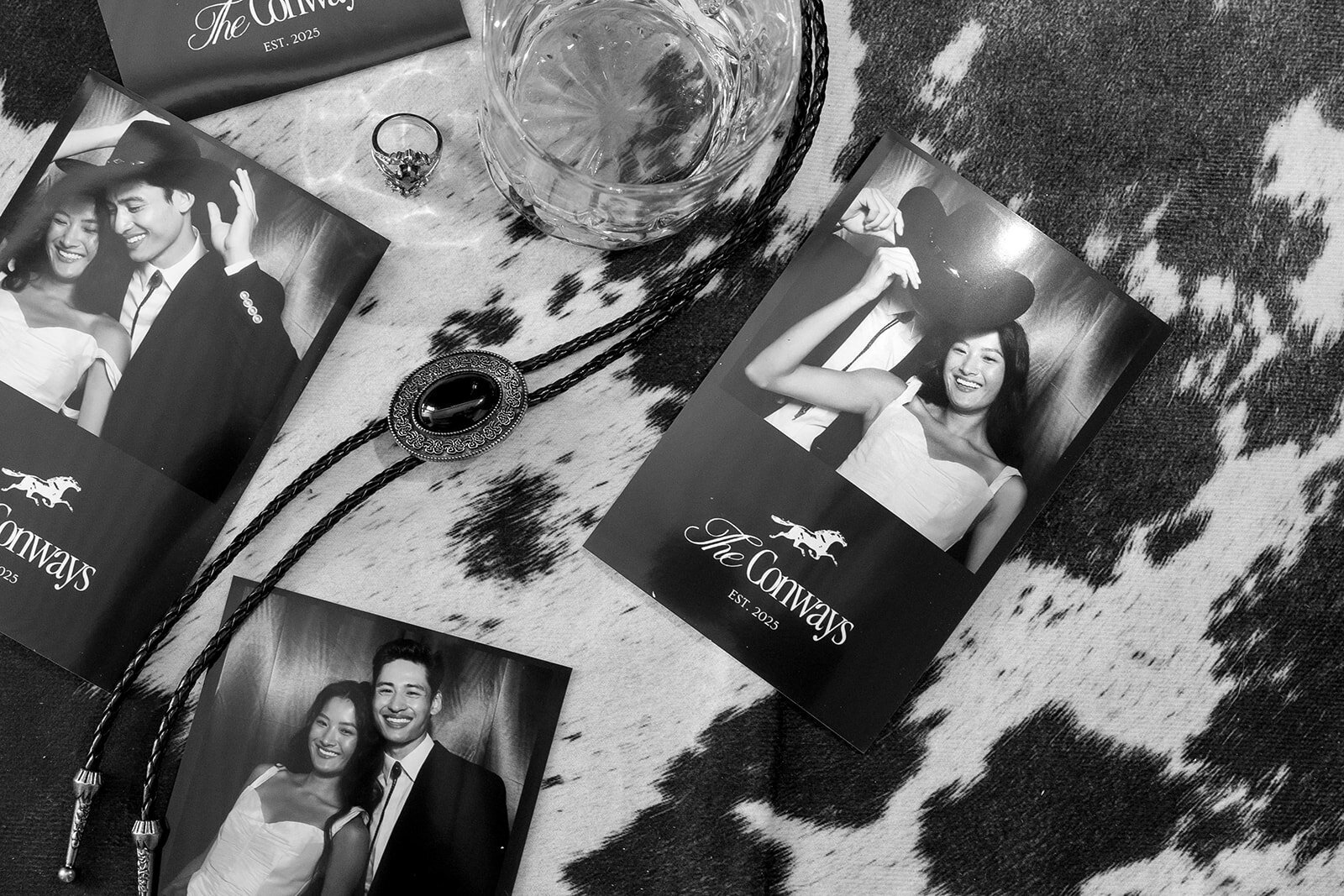 Flat overlay image of high quality photo booth prints, western cowboy wedding. Los Angeles luxury photo booth rental.