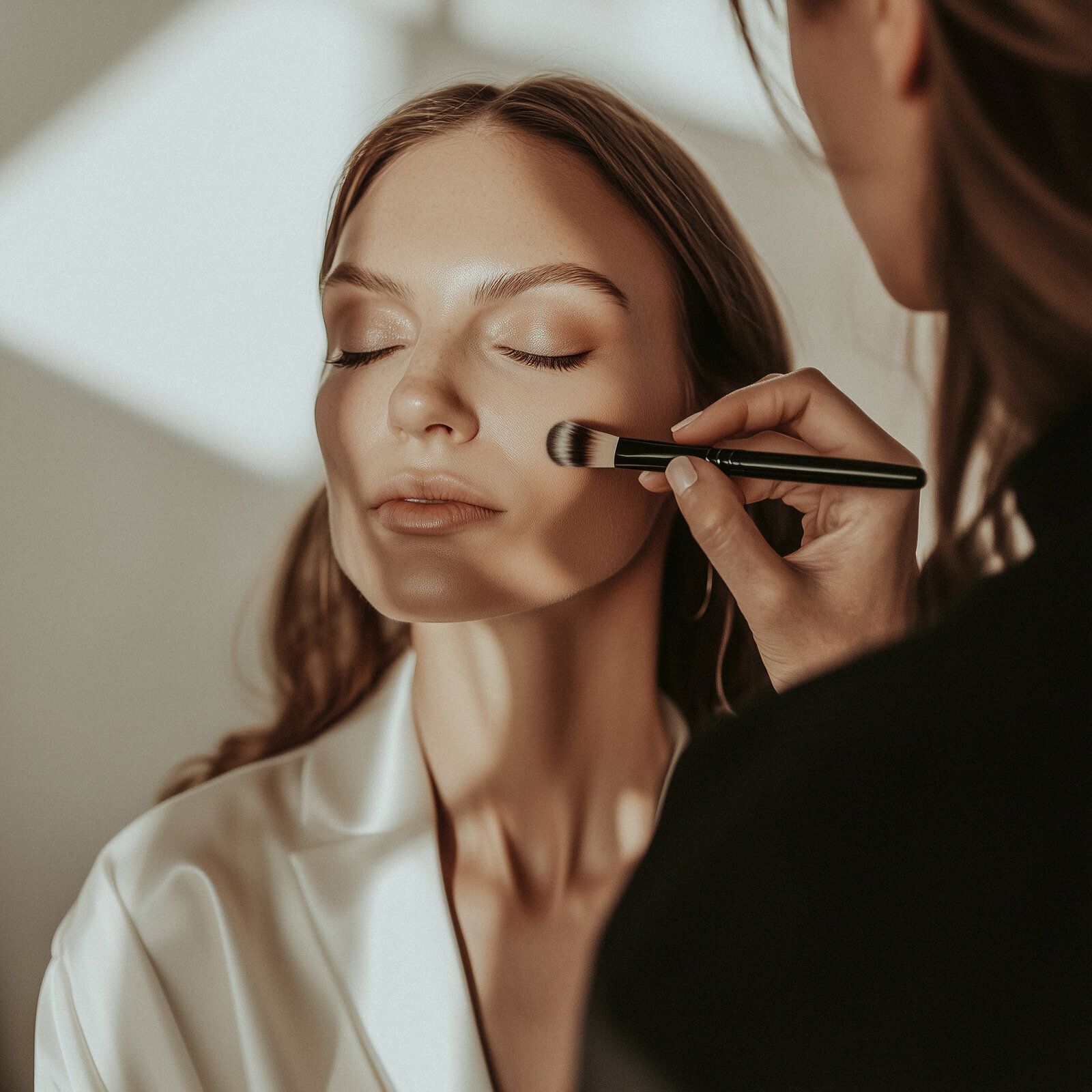 women getting her professional makeup applied.