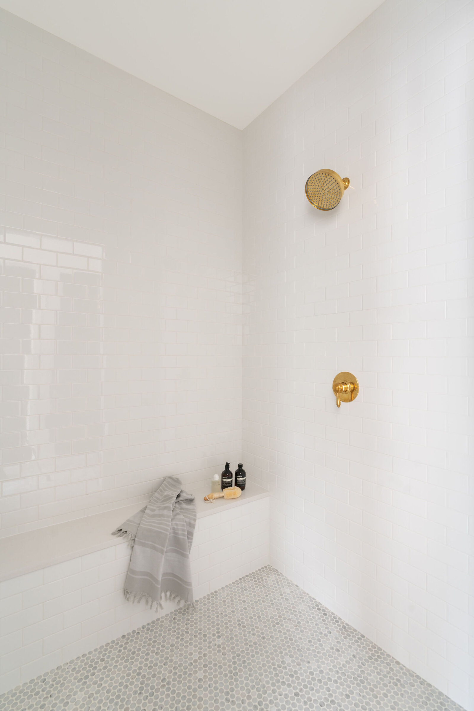 NuelaDesign_White Subway Tile Shower and marble pennyround floor