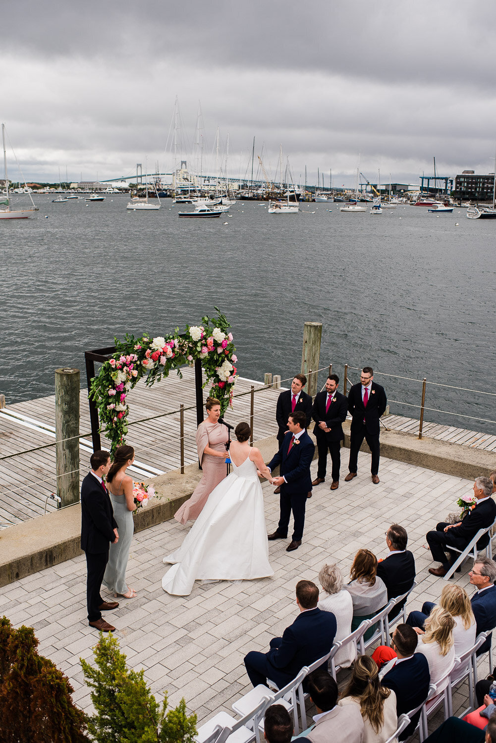 view from above of ceremony and altar on dock by water