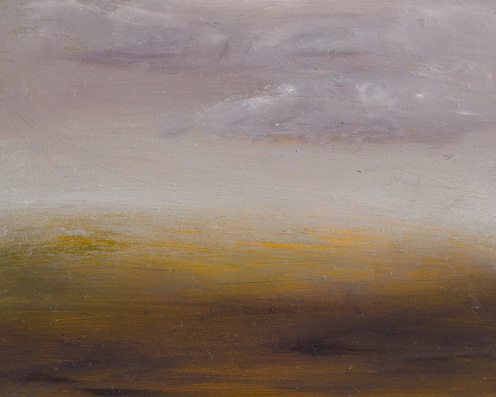 Oil painting by Jane Mishkind of soft purple clouds and yellowish fields