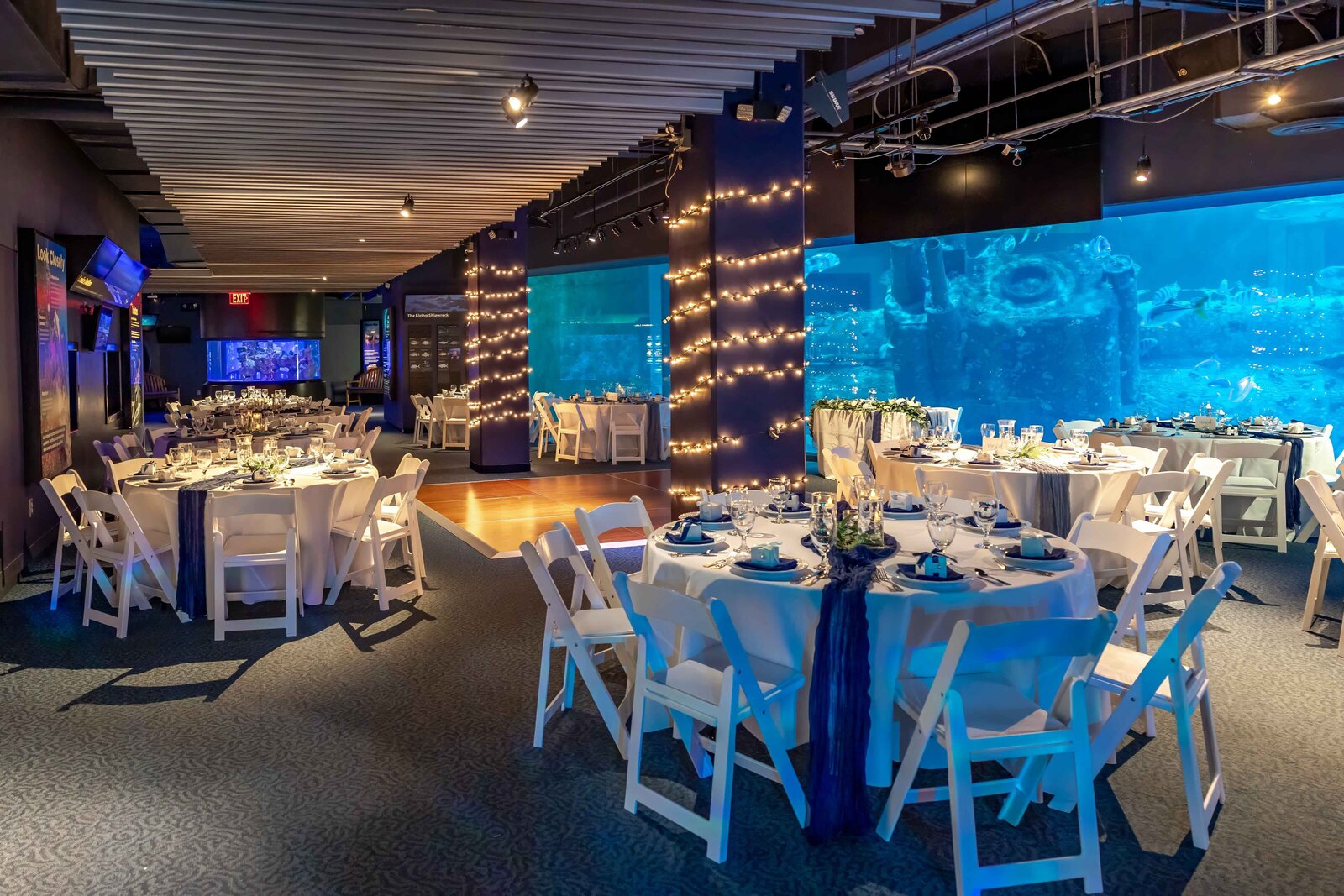 A wedding reception setup with round tables, white chairs, and blue accents, surrounded by aquarium tanks with fish, captured during a Pine Knoll Shores, NC wedding, blending elegance with a coastal ambiance.