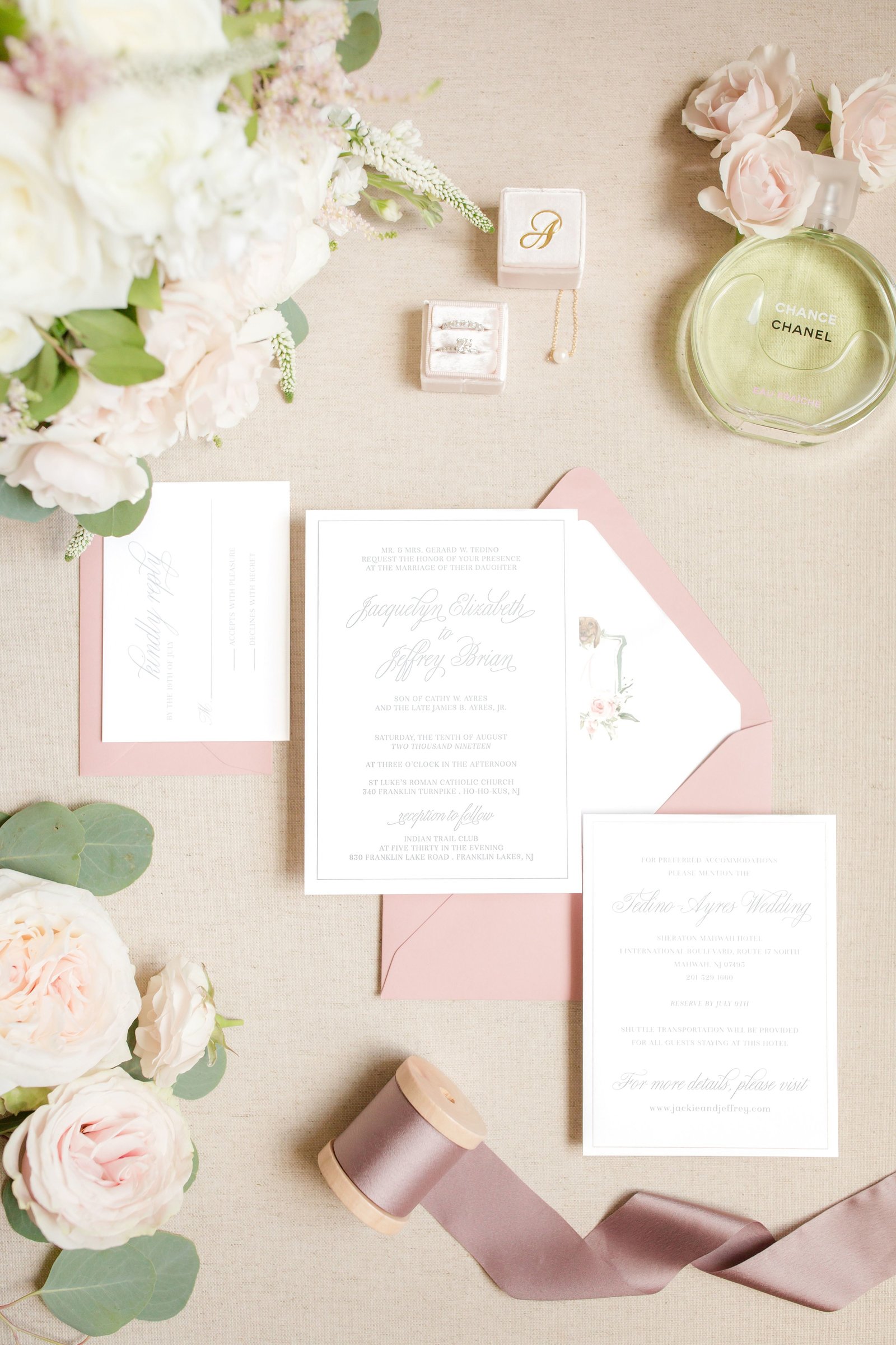 wedding invitation in mauve and cream