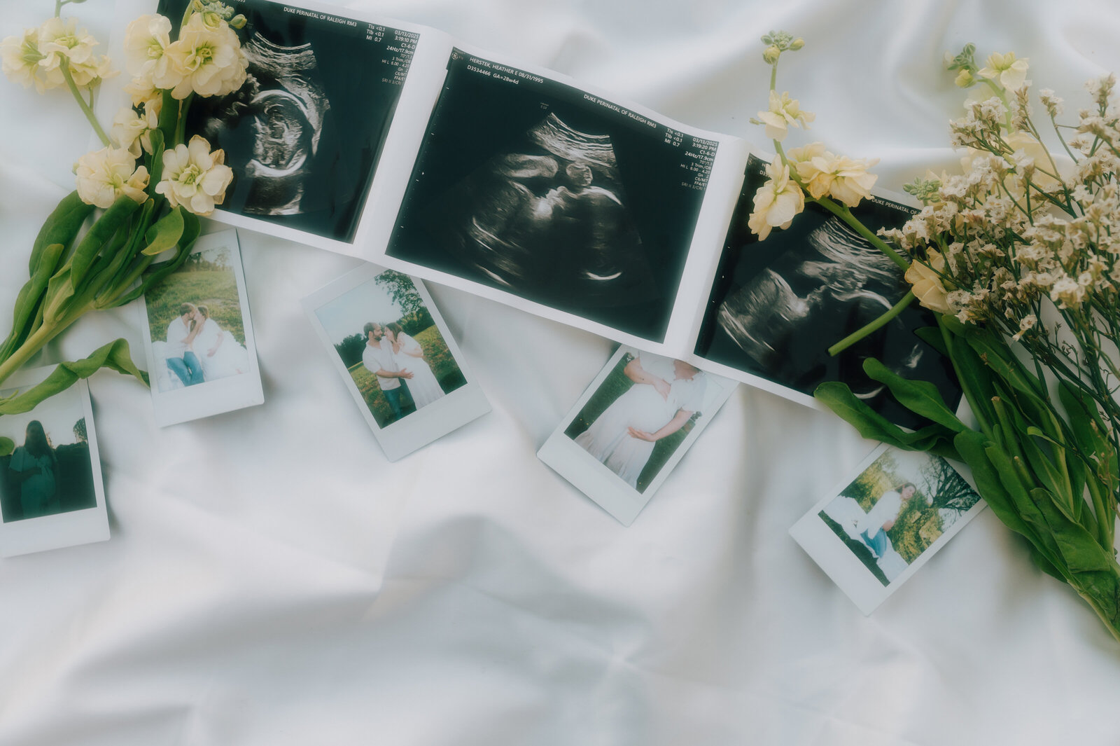 Raleigh NC Maternity Photo details with polaroids and ultrasounds digital and film photographer