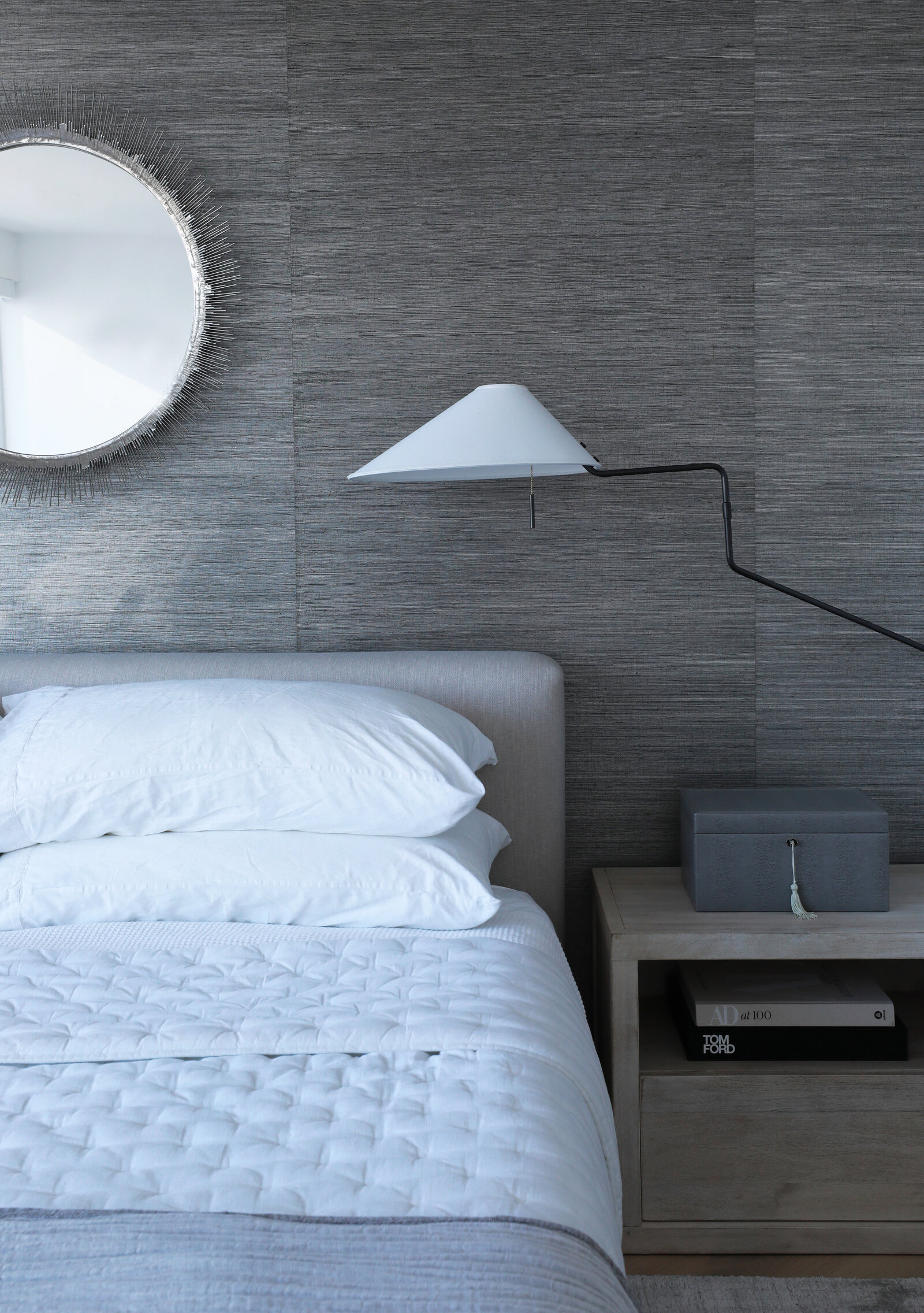LUXE MODERN PRIMARY BEDROOM WITH GRASCLOTH AND UPHOLSTERED BED