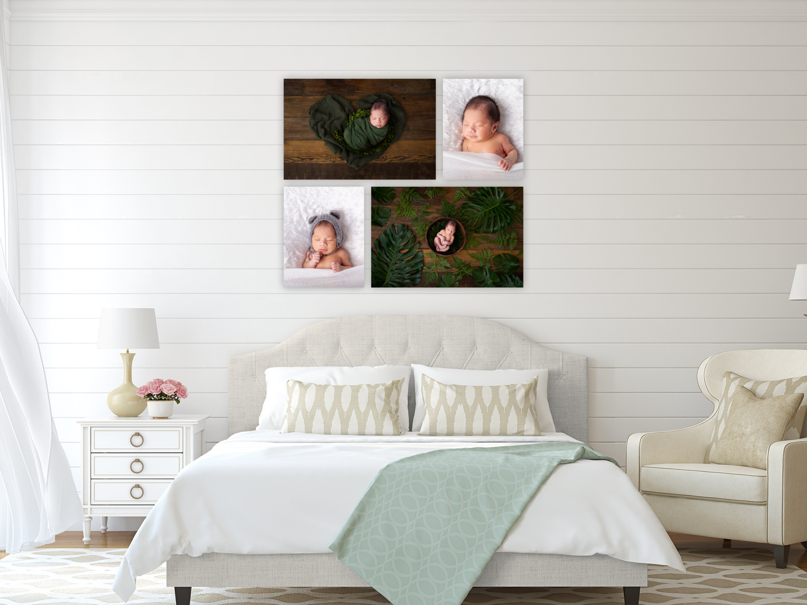 A collection of canvases of a newborn baby boy in green  hung above bed- accent photography