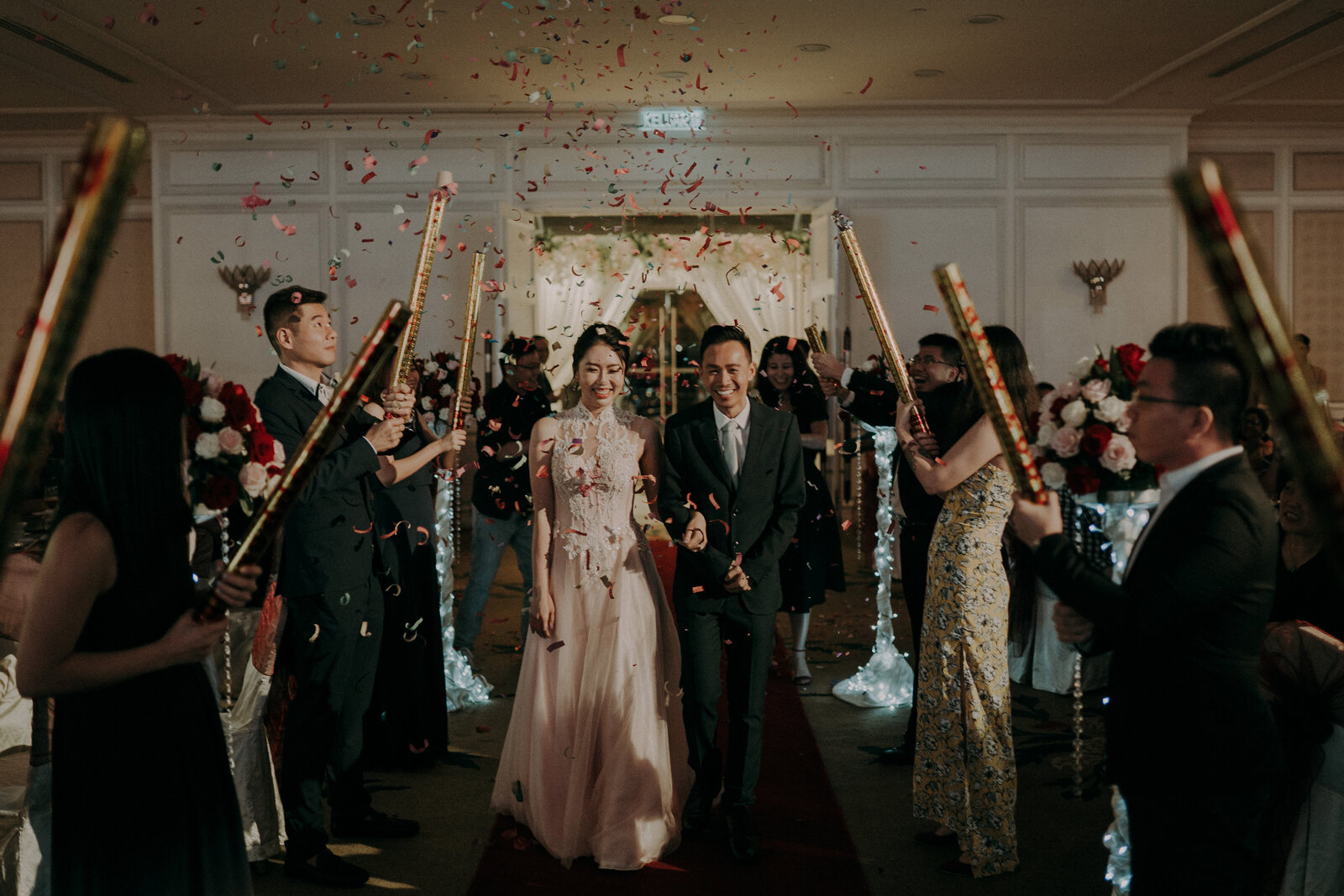 couple march in in their wedding dinner