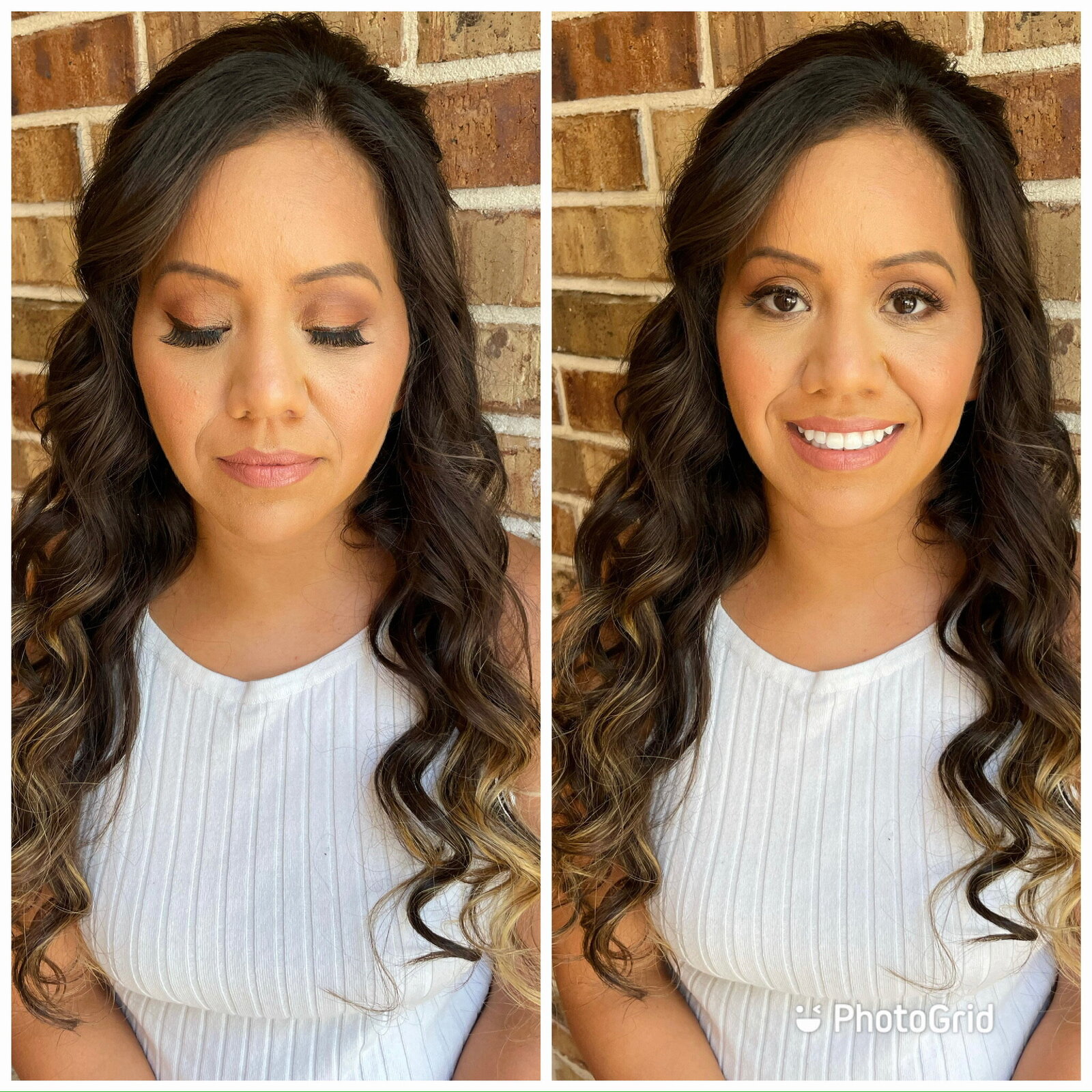 Woman with long, curly hair in white dress, eyes closed in left image, smiling in right against brick wall. Her look is enhanced by the best wedding hair accessories, adding elegance and charm that are true wedding beauty must-haves.