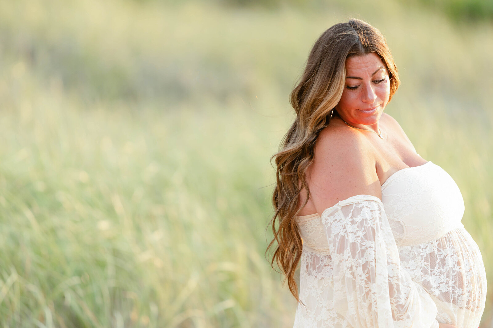 Sunken Meadow Maternity shoot with lace cream dress